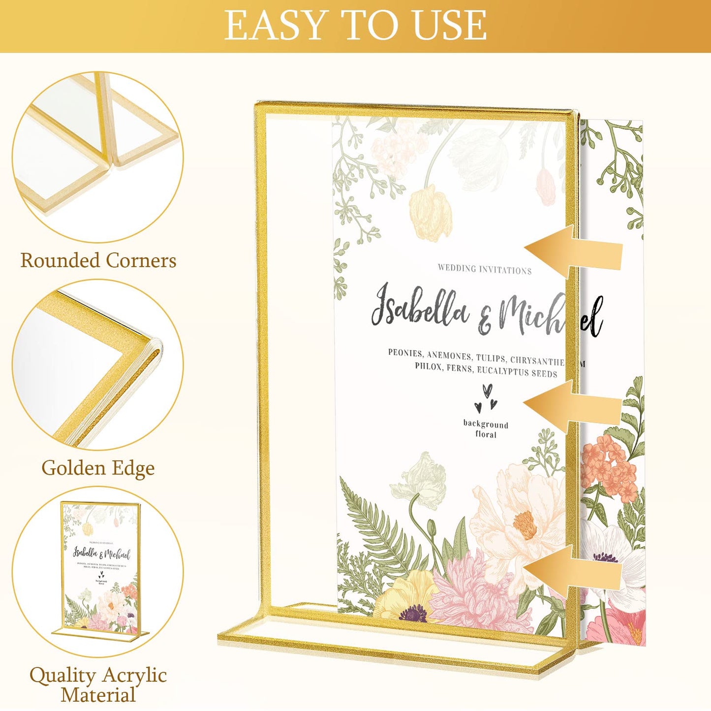 Hoteam 18 Pack Acrylic Sign Holder 4 x 6 Inch Gold Frames Wedding Table Number Holders, Double Sided Picture Frame Clear Display Menu Stand for Home Photo Flyers Wedding Party (Vertical)