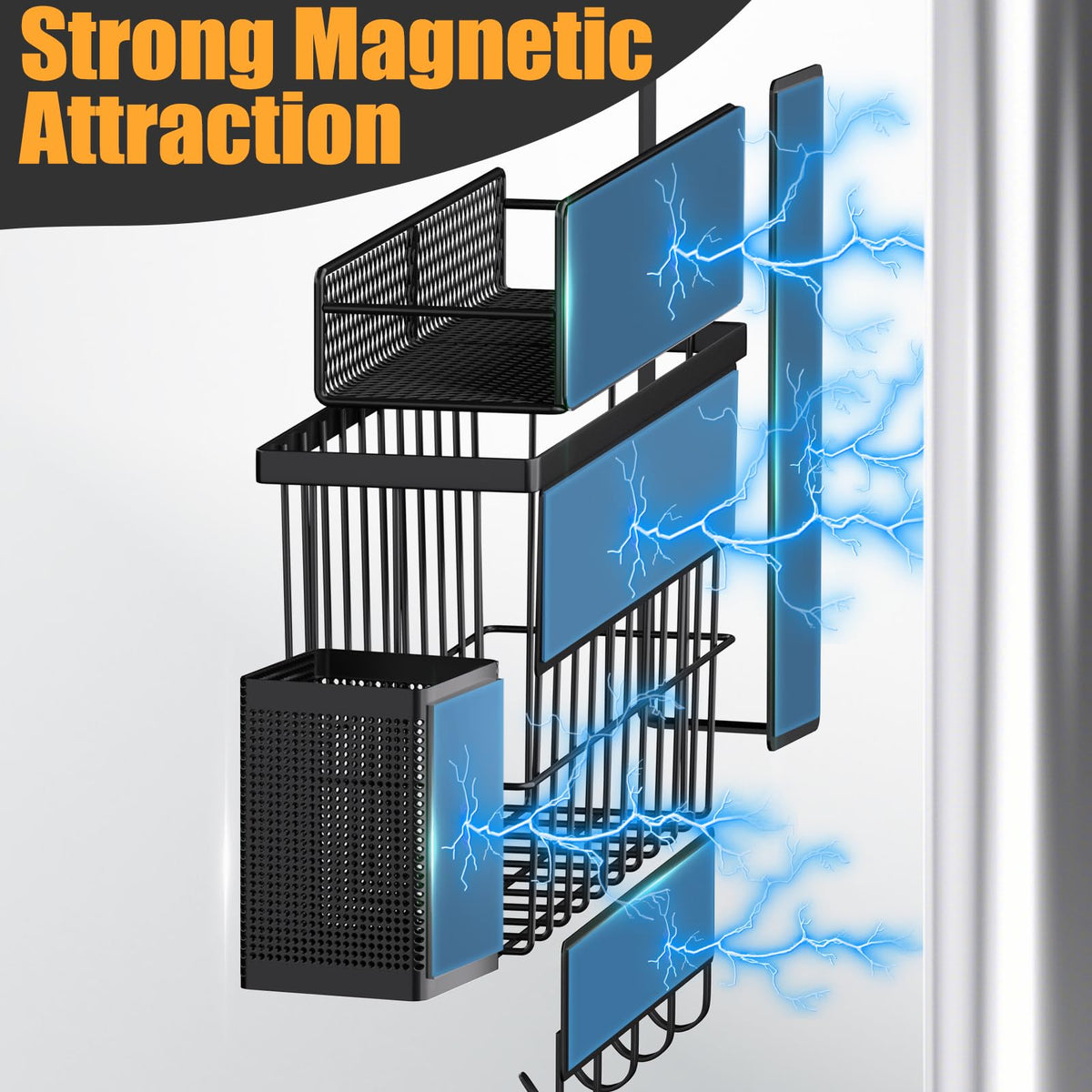 Magnetic Spice Rack for Refrigerator, 7 Pack 100% Metal Strong Magnet Shelf, Spice Organizer W/Paper Towel Holder, Hook Rack, Utensil Caddy & Cutting Board Holder, Home Kitchen Organization (Black)