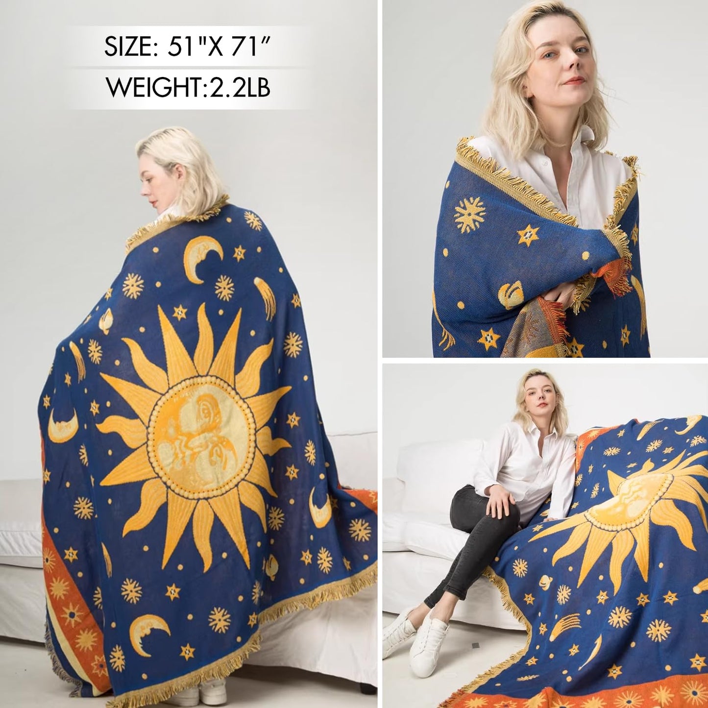 Boho Throw Blanket | Double-Sided Cotton Boho Blanket | Tasseled, Celestial Tapestry | Ideal for Western Decor, Sofa, Bed, Travel | Yellow/Blue, 71"x51"