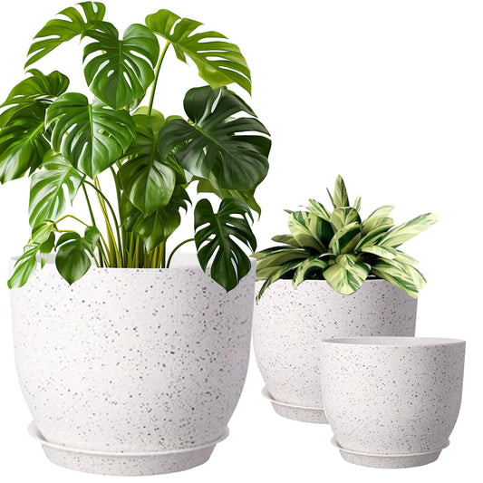 10/9/8 inch Plant Pots, 3 Pack Plastic Flower Pots Modern Flower Pots with Drainage Holes and Trays are for Indoor and Outdoor Plants, Herbs and Flowers,White Speckles (White)