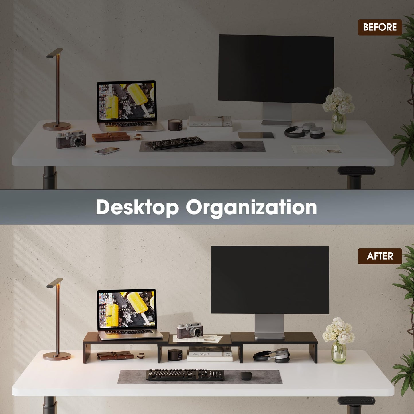 FITUEYES Dual Monitor Stand - 3 Shelf Computer Monitor Riser, Wood Desktop Stand with Adjustable Length and Angle, Desk Accessories, Office Supplies Medium Black,DT108001WB