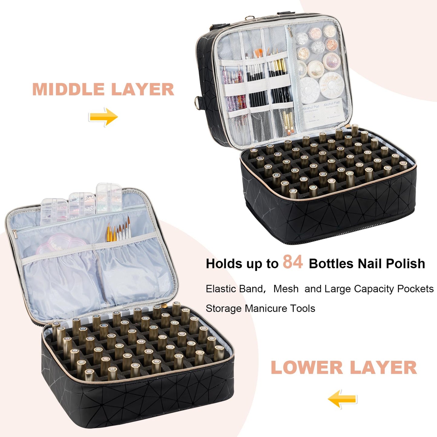Uross Nail Polish Organizer Bag Holds 84 Bottles Nail Polish Lamp, Gel Polish Organizers and Storage Box for Nail Tech, Nail Kit Supplies Organizer Case-Black
