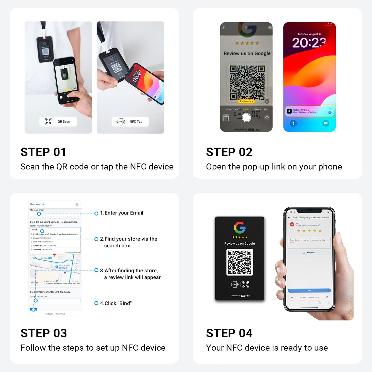 HotLabel Review Card 5-Pack – White – NFC Tap & QR Code – Includes 5 Independent Links (Supports 5 Different Stores or Same) – All Phones Compatible – No App/Subscription
