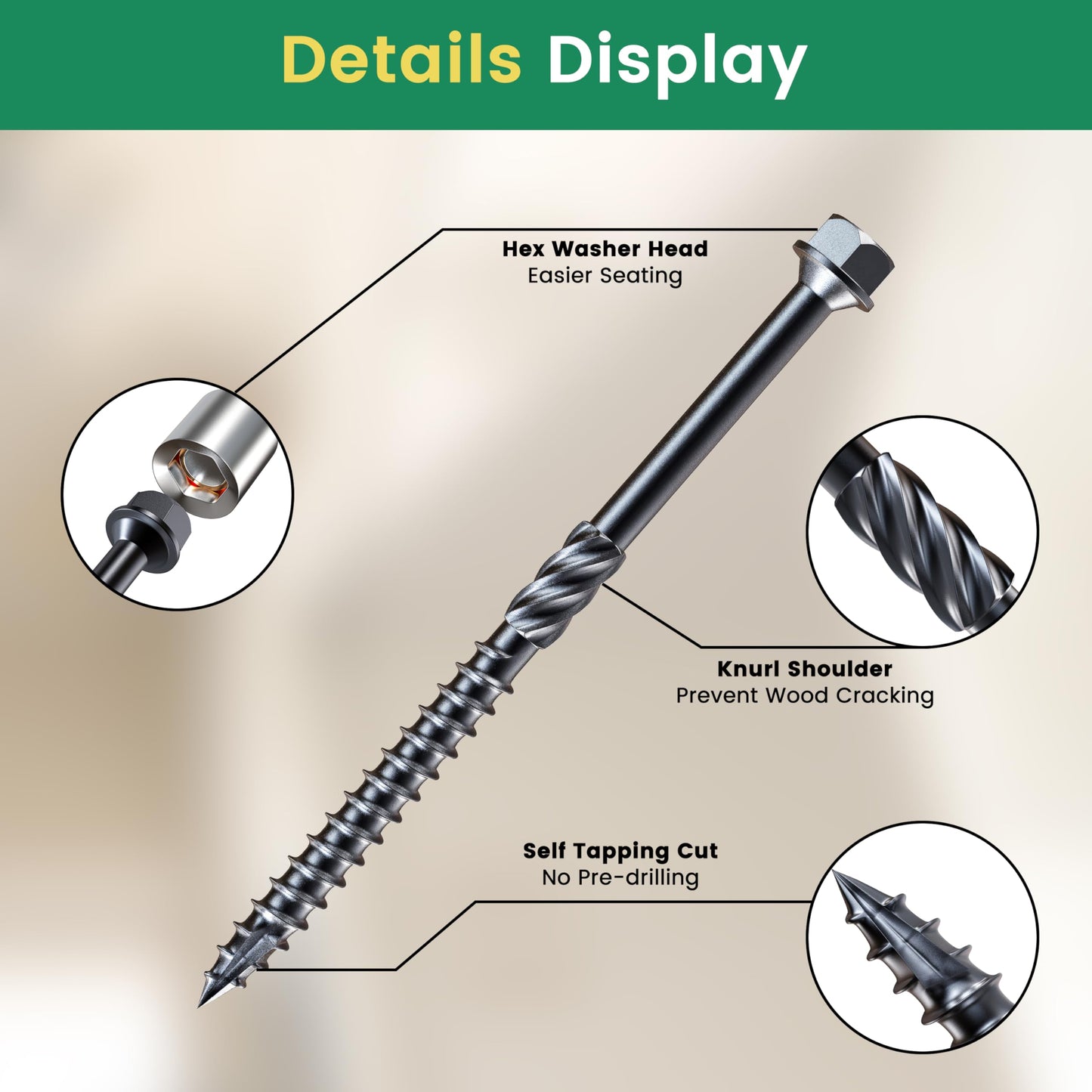 #14 x 6 Wood Structural Screws 50 Pcs, Exterior Hex-Head Lag Screws, Black Heavy Duty Construction Timber Log Landscaping Wood Screws, Hex Socket Included