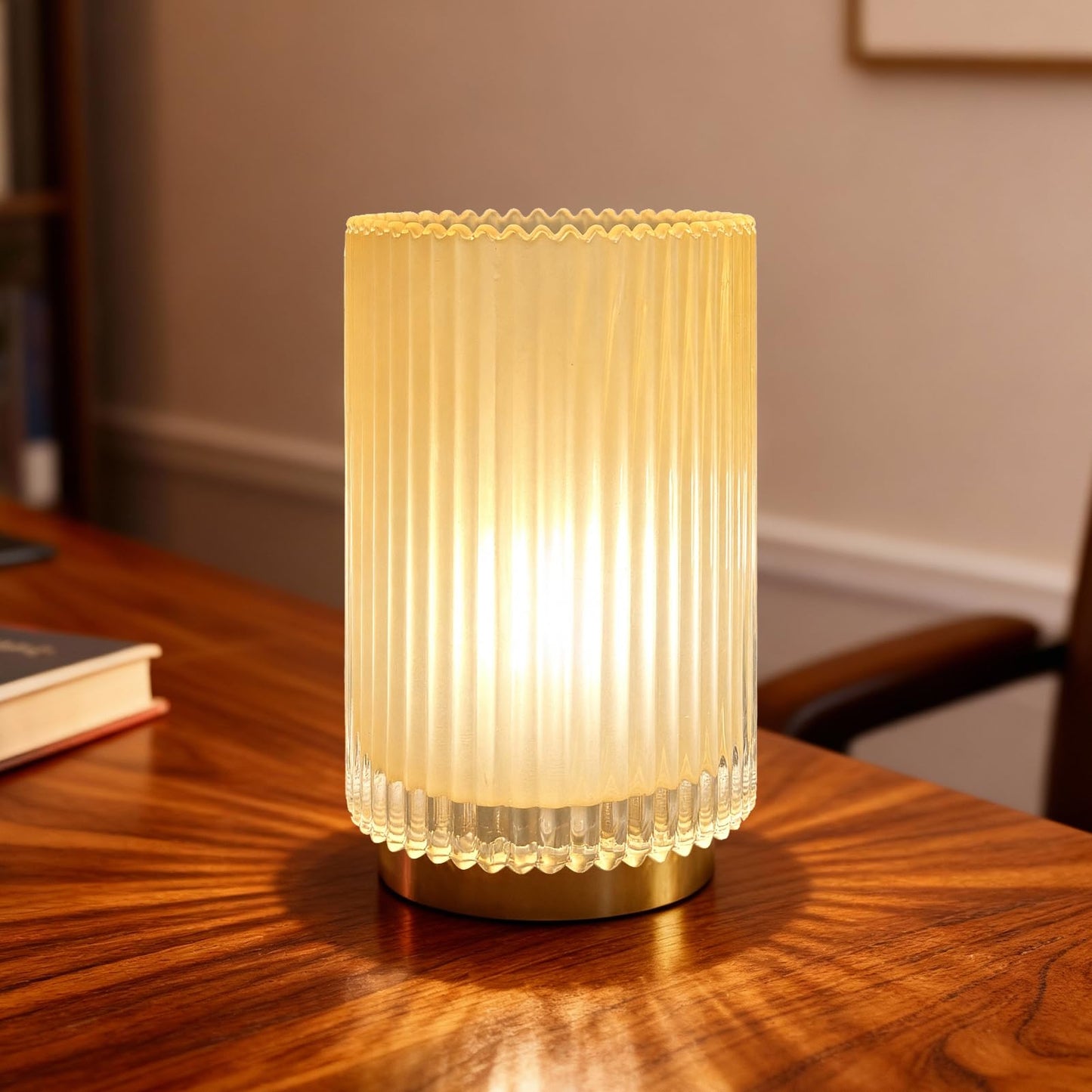 AGJIQ Table Lamp, Wireless Bedside Lamp with Glass Shade E27 Bulb, Decorative Ambiance Bedside Lamp Suitable for Bathroom,Rechargeable Romantic Atmosphere Light with LED Bulb（Matte Amber）