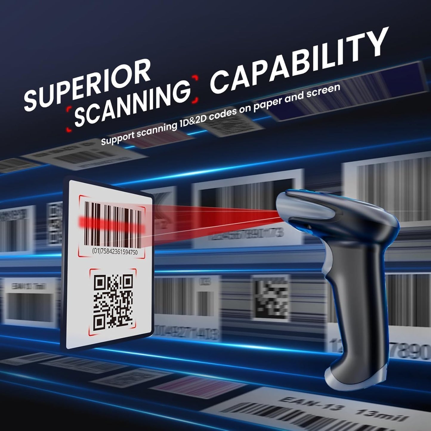 Eyoyo Handheld 2D Wireless Barcode Scanner, USB Wired & Cordless 1D QR Code Reader, Compatible with Computer, Laptop, POS Fast Screen & Printed Bar Code Scanner for Library, Retail Store, Warehouse