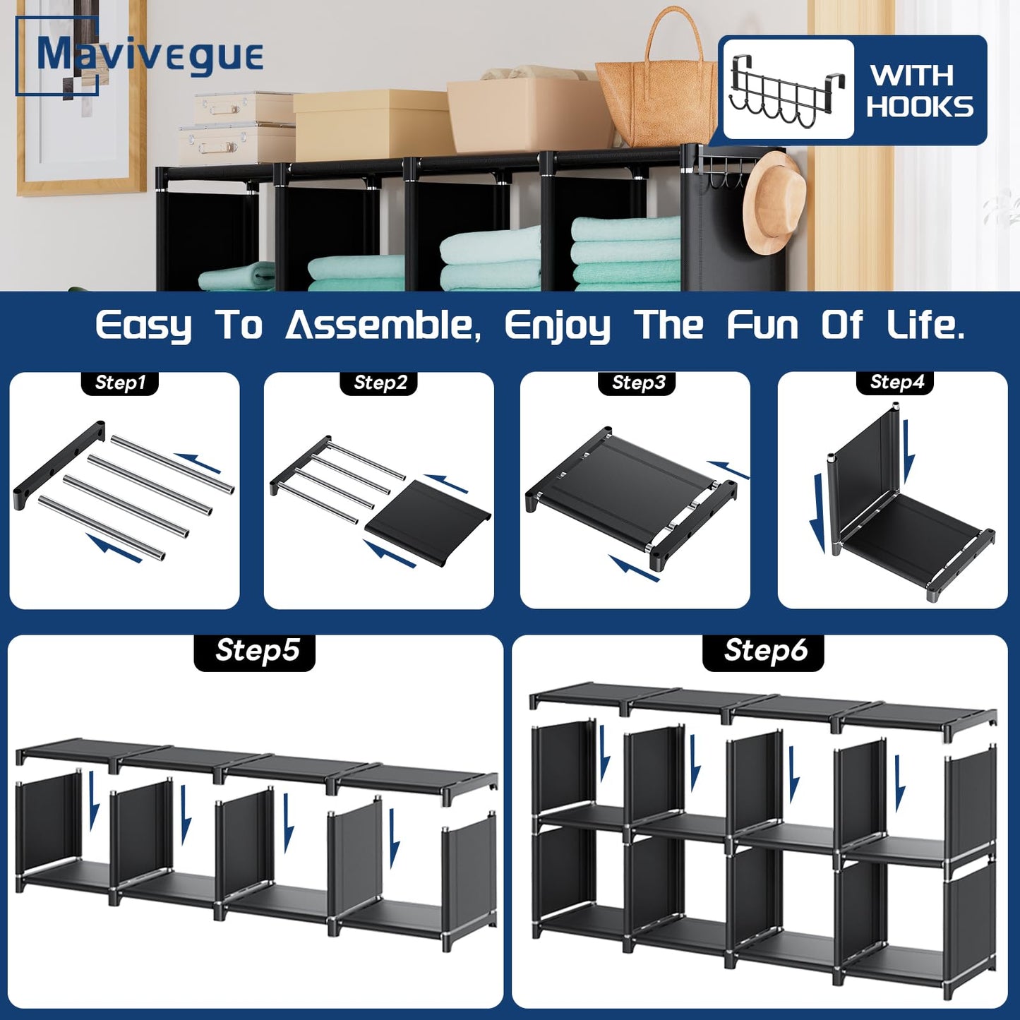 Mavivegue Book Shelf, 20 Cube Storage Organizer, DIY Bookcase, Metal Bookshelf, Display Shelf, Tall Bookcase for Bedroom, Living Room,Office,Closet, Black Cubicle Rack