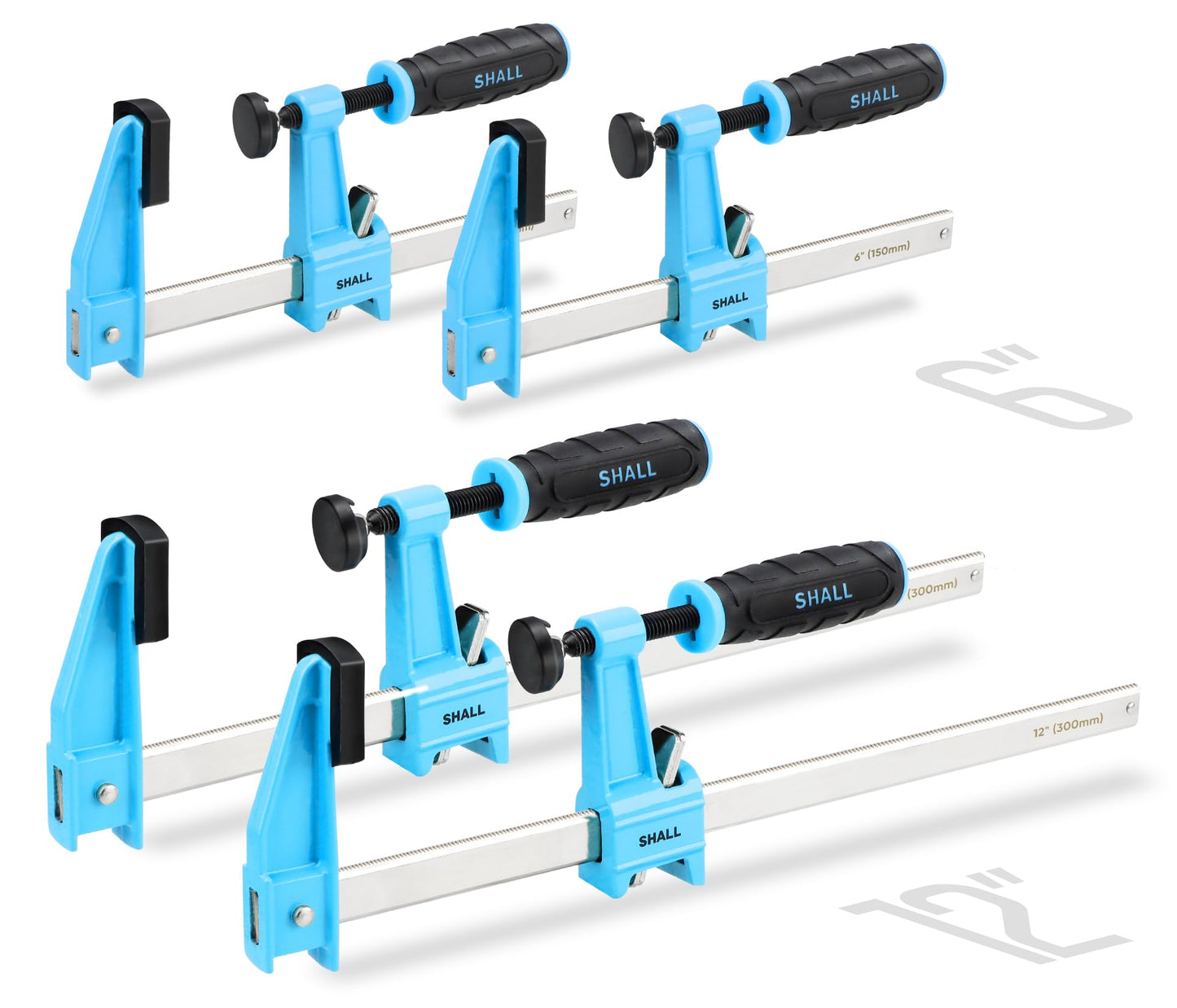 SHALL 6-Inch & 12-Inch Steel Bar Clamps Set, 4-Pack Medium-Duty Quick-Release F Clamps, 600 Lbs Load Limit for Woodworking, Metal Working, DIY and Crafts
