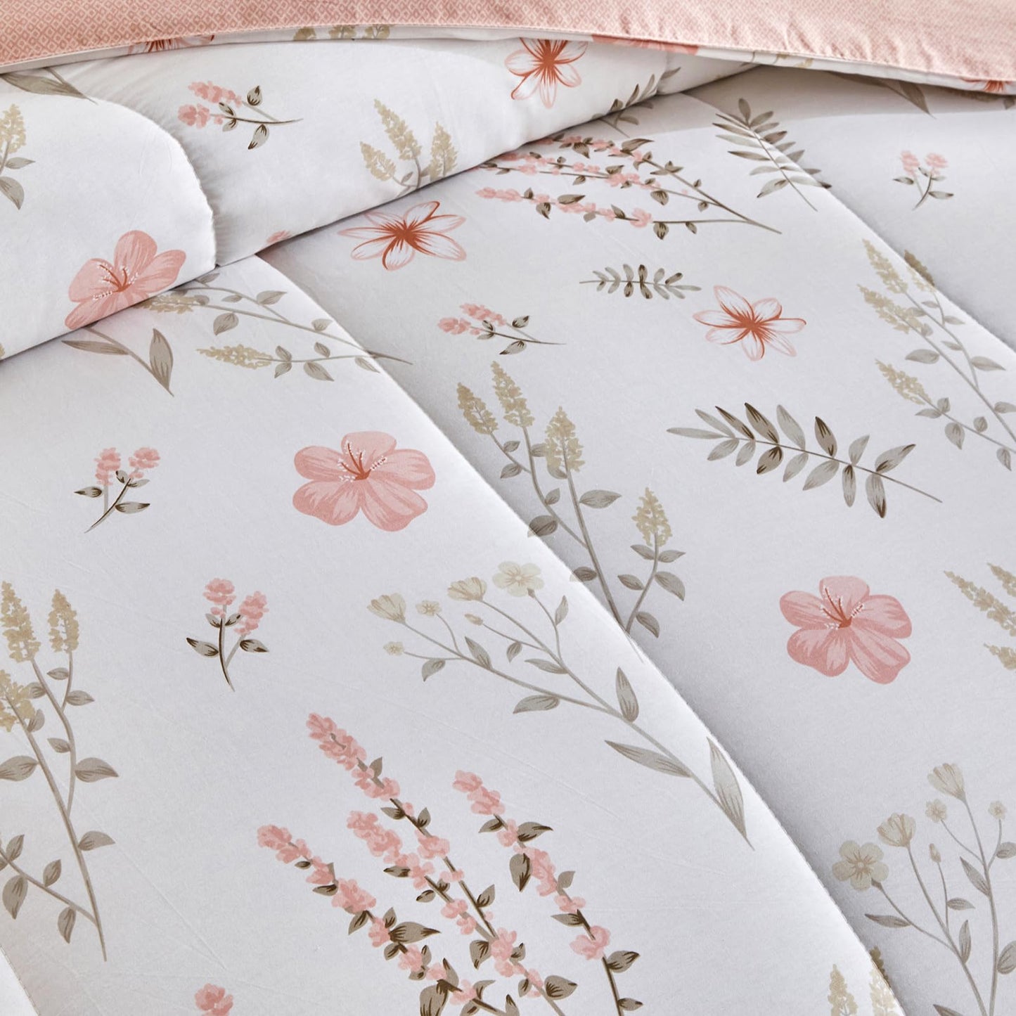 Joyreap 3pcs Floral Cotton Comforter Set for Girls, Pink Flowers n Leaves Botanical Design, Queen Size Soft n Cozy Bedding Comforter Set for All Season- 88x88 inches