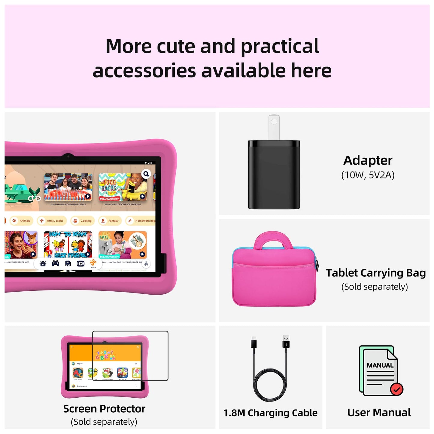 2025 Upgraded Kids Tablet, 10 Inch Android 15 Tablet for Kids with EVA Shockproof, 8-Core, 12(4+8) GB RAM 64GB Storage, Kids Space, Parental Control, WiFi, BT, Plimpton Kids20 (Pink)