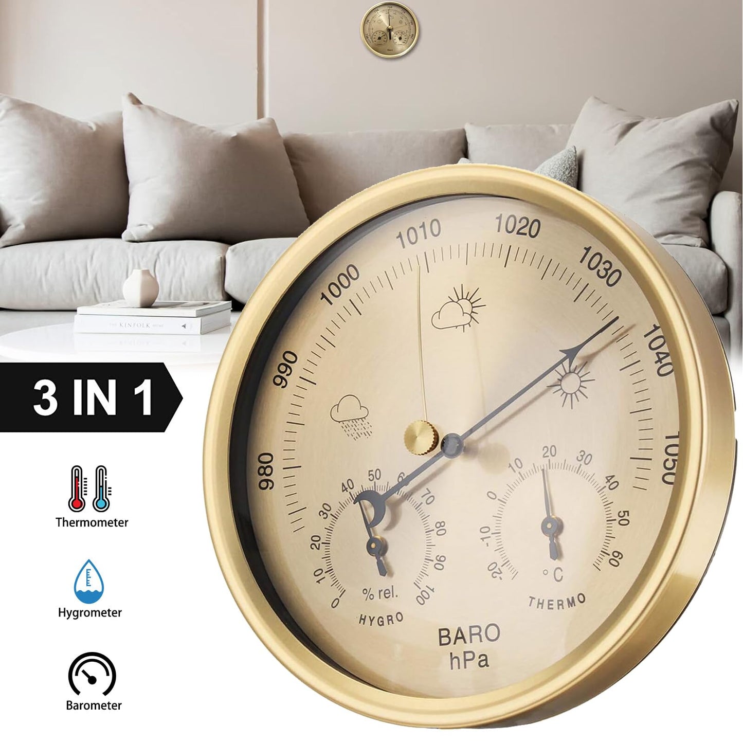 3-in-1 All-Season Wall Hanging Thermometer, Barometer, Hygrometer | Accurate Weather Station for Home and Office | Celsius Edition in/Outdoor
