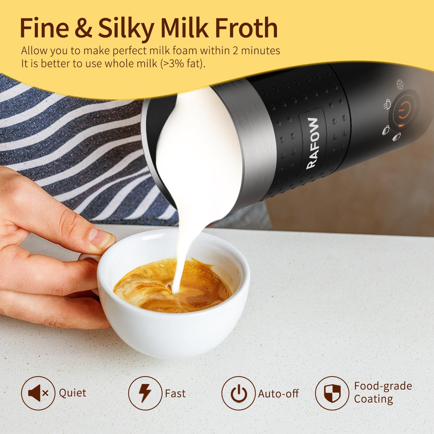 4 in 1 Milk Frother: Electric Milk Foamer with Cold & Hot Froth for Latte Cappuccino - Automatic Coffee Foam Maker 350 ml/10 oz Instant Milk Chocolate Steamer Heater