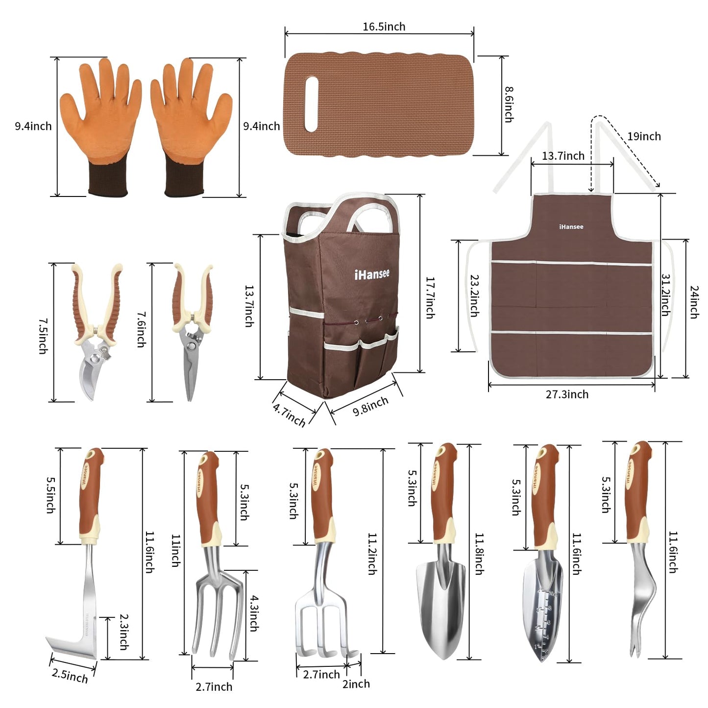 Brown Gardening Tools Set 12-Piece, Heavy Duty Garden Hand Tool Kit with Non-Slip Ergonomic Handle, Storage Tote Bag, Garden Apron, Gloves and Kneeling Pad, Gardening Gifts for Women Men Plant Lover