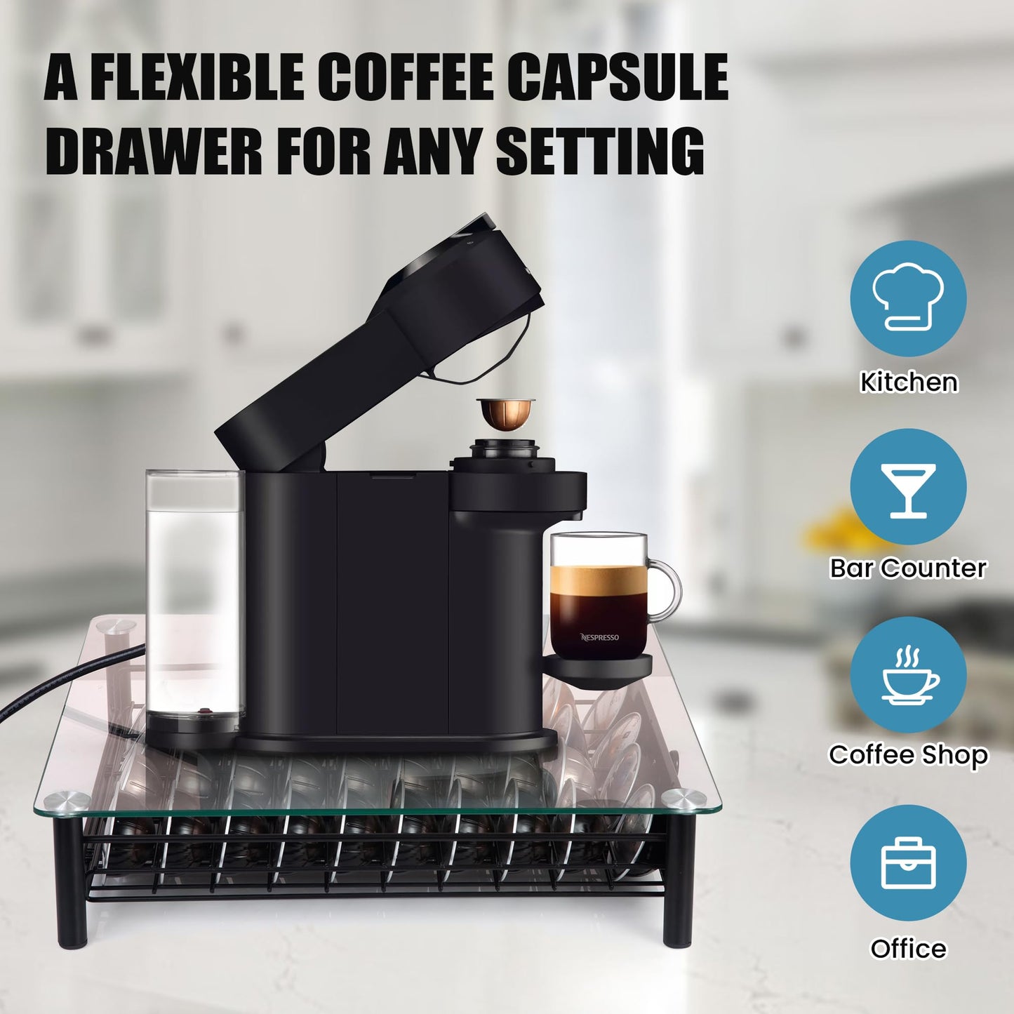 EASTSIGN Vertuo Pods Holder - Drawer Tray for 40-Vertuoline Capsules - Tempered Glass - Capsule Storage - Compatible with Nespresso Vertuoline Capsules - Pods Organizer