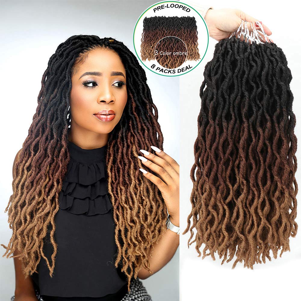 Eliza Wavy Gypsy Locs Ombre Crochet Hair 18" 8Packs/Lot Goddess Locs 100% Kanekalon Fiber Faux Locs African Roots Dreadlocs Synthetic Braiding Hair Extensions for Black Women(18",OM3T30/27)