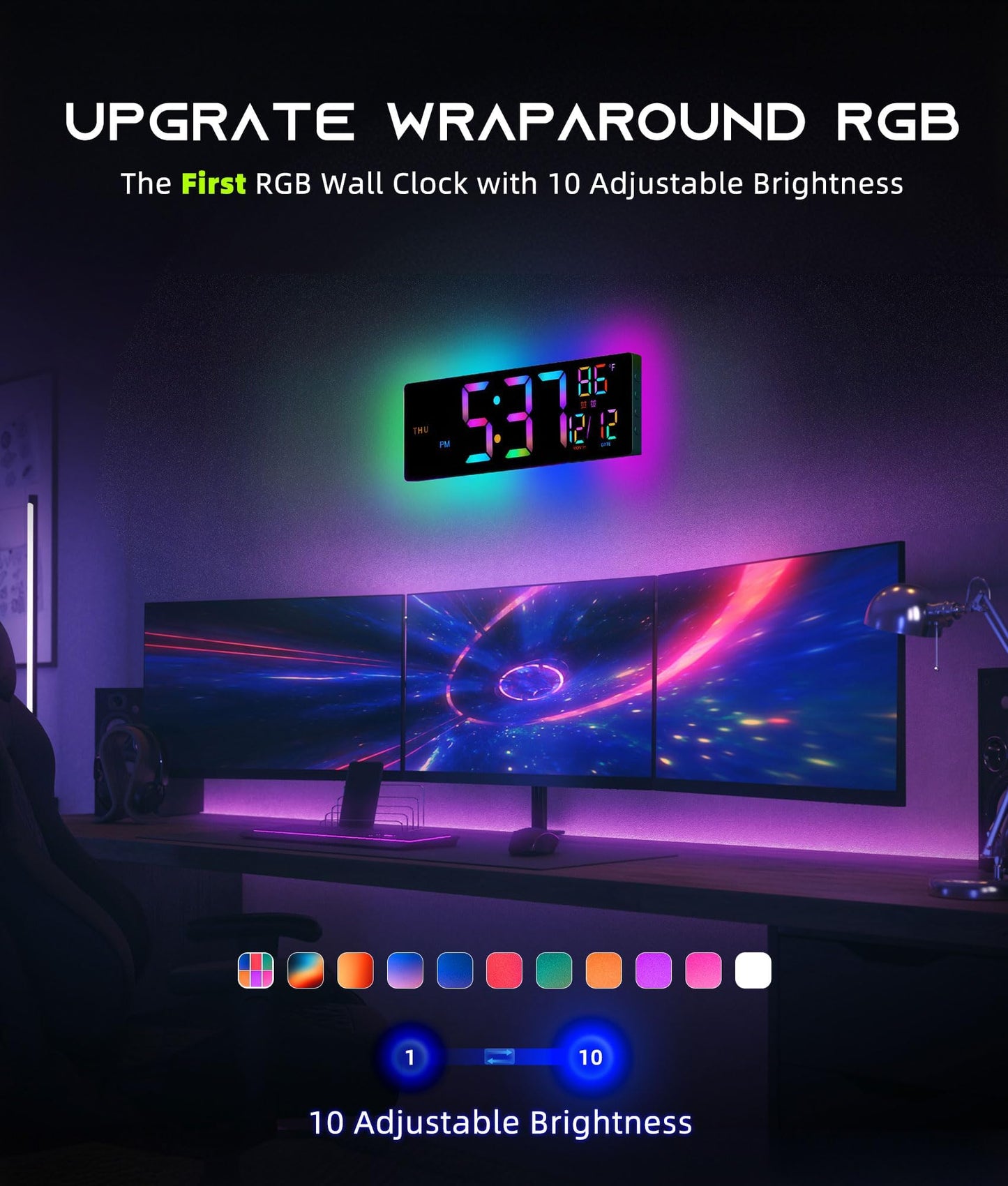 EASYERA 16.5" Large Digital Wall Clock with Remote Control, RGB Atmosphere Lights with 11 Scenes Mode, Dual Alarms with Big LED Display, Auto DST, Temperature for Living Room Gaming