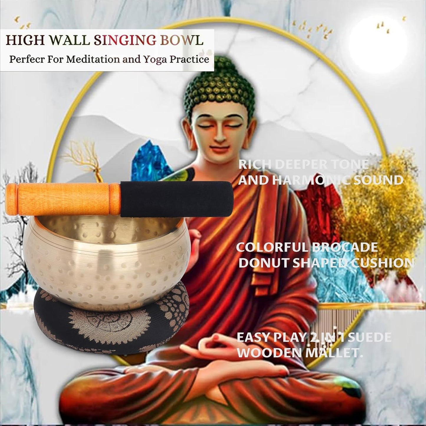 Tibetan Singing Bowl - 4" Singing Bowl Set with Beater and Cushion, Beautiful Sound for Healing, Yoga, Meditation and Relaxation