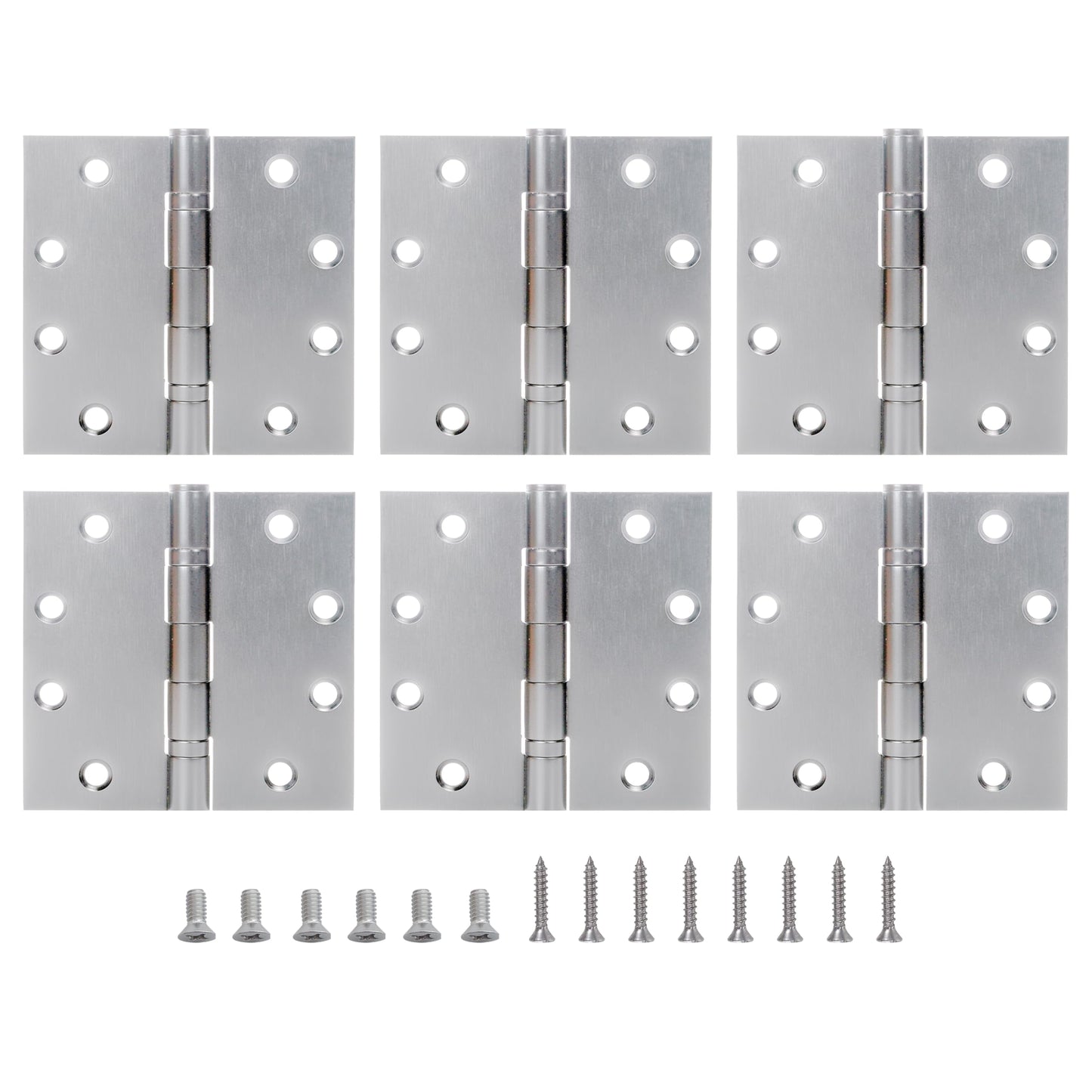 4.5 inch X 4.5 inch Heavy Duty Commercial Door Hinge with Silent Steel Plain Ball Bearing, 3 mm Thickness Stainless Steel, Square Corner with 144 Screws (6-Pack)