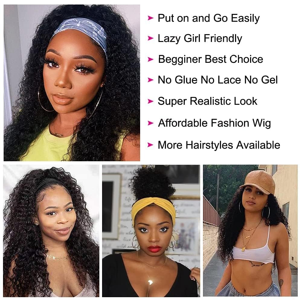 Headband Wig Human Hair Wigs for Black Women Glueless None Lace Curly Wave Wig Brazilian Virgin Hair Machine Made 150% Density Wigs Natural Color perruque femme humain (jerry curly, 16 inch)