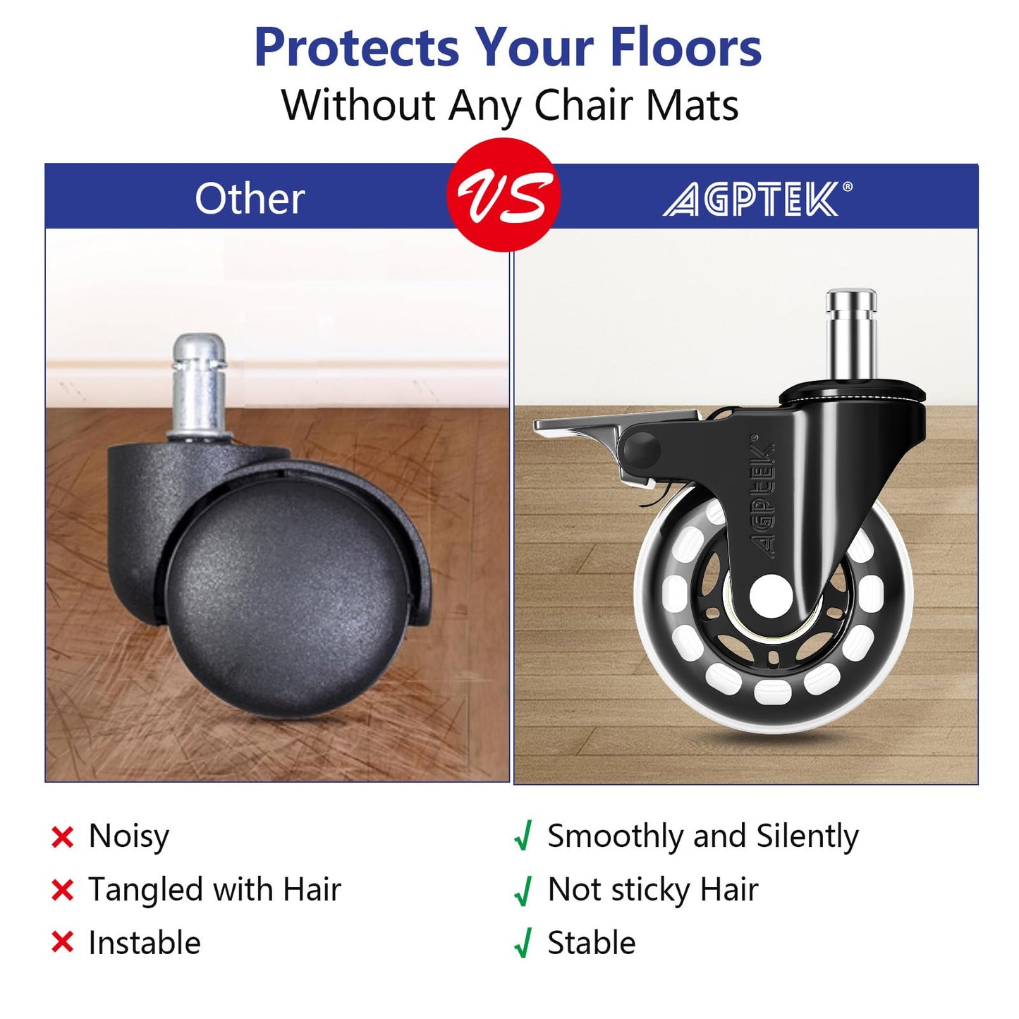 AGPTEK Set of 5-Office Chair Caster Wheels with Brakes, Quiet Office Chair Wheels Replacement with Locks (10x22mm) for Hardwood Floors and Carpet, No Noise, Heavy Duty Game Chair casters