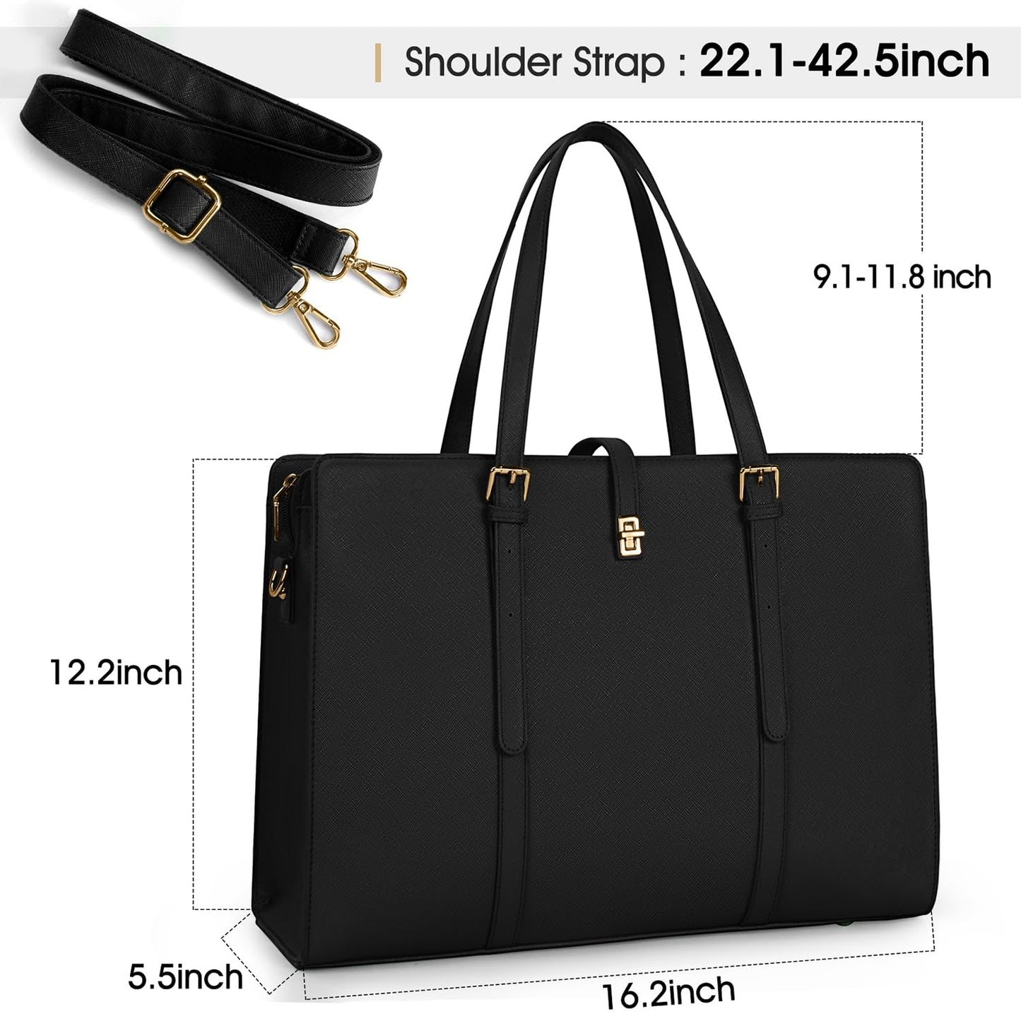 Laptop Bag for Women 15.6 Inch Leather Laptop Tote Bag Waterproof Work Shoulder Bag Lightweight Computer Tote Bag Professional Women Business Office Bag Large Travel Handbag Black