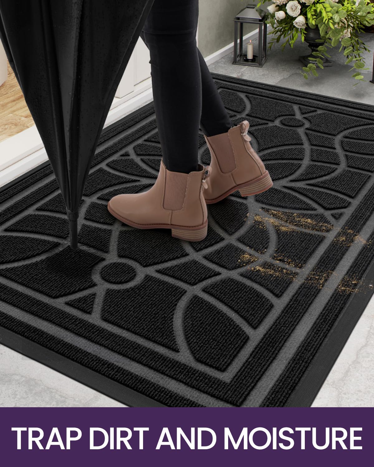 DEXI Door Mat Front Entrance, 2x4 Large Rubber Indoor Mats Waterproof Traps Dirt, Heavy Duty Non Slip Outdoor Entry Rug for Entryway Welcome, Black