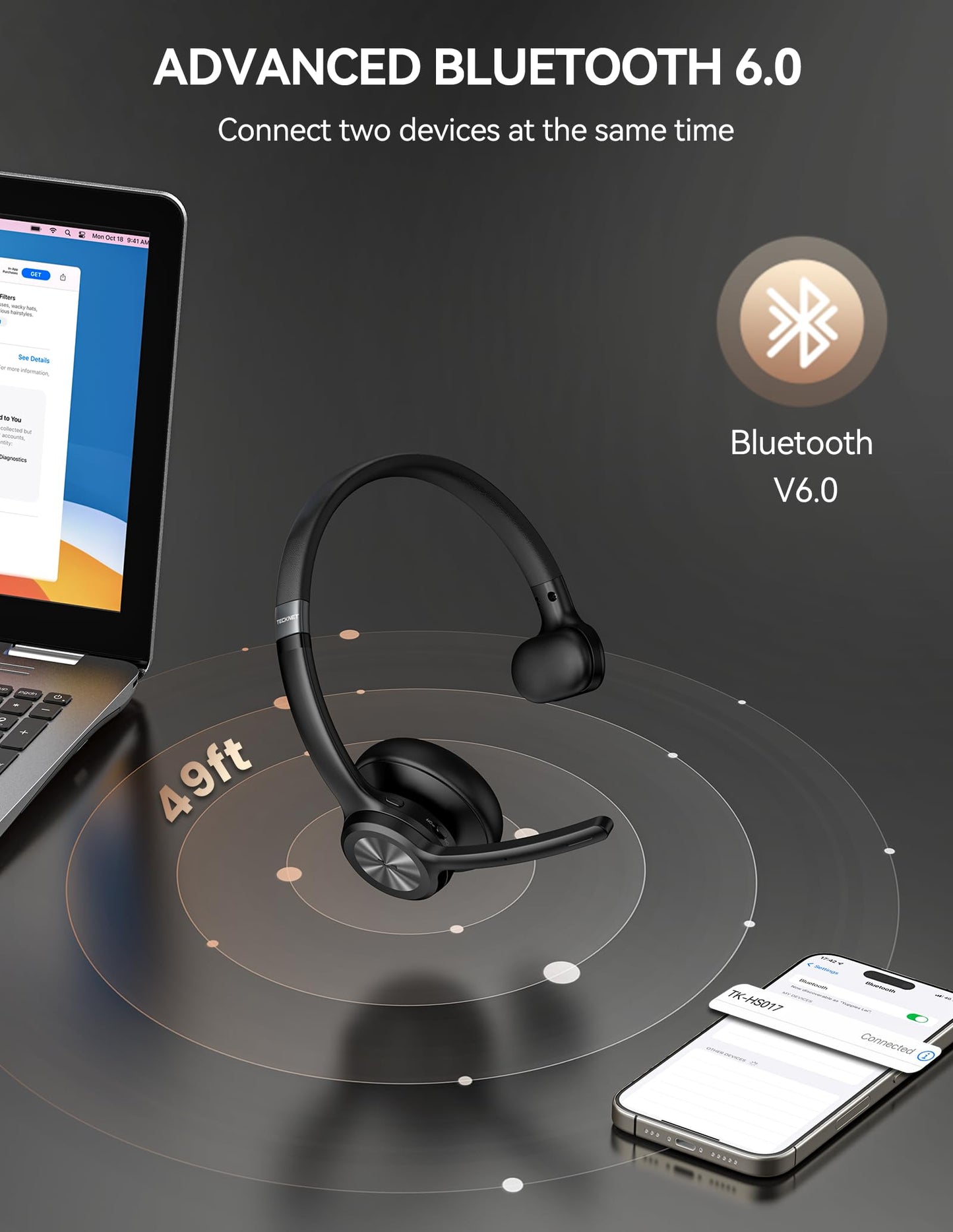 TECKNET Wireless Headset with Microphone - V6.0 Bluetooth Trucker Headset with Noise Cancelling Microphone and Mute Button, 60H Working Time, On-Ear Bluetooth Headphones for Call Center/Office/Drivers