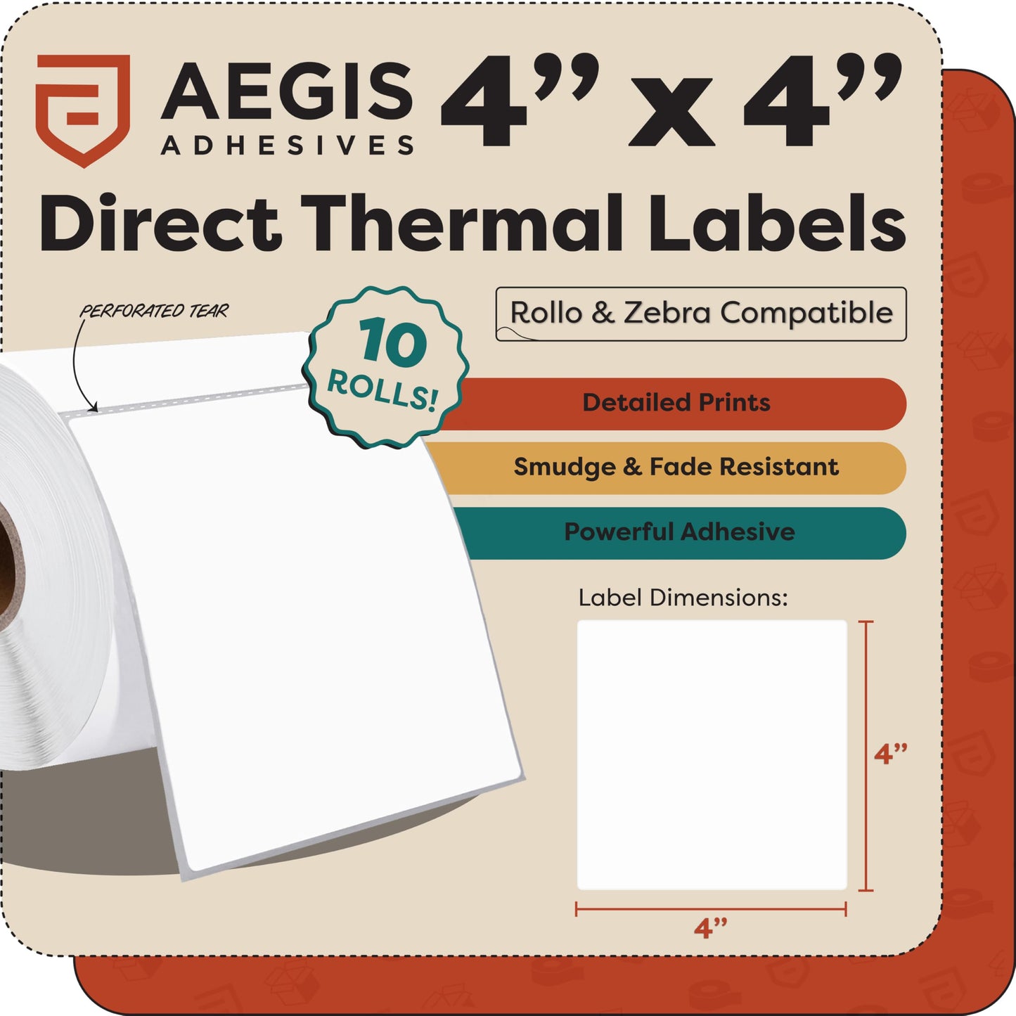 Aegis Adhesives - 4" X 4" Square Direct Thermal Labels (10 Rolls, 350 Labels/Roll) Compatible with Rollo, Zebra, and Other Desktop Label Printers
