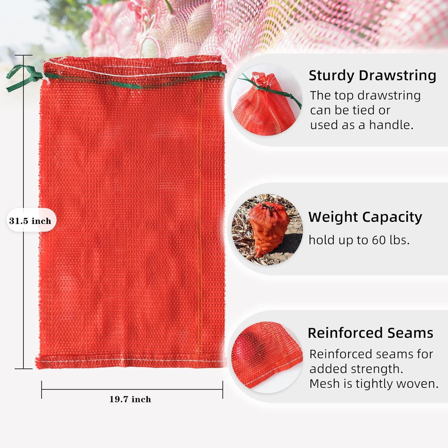 rowjow 50 Pack Mesh Produce Bags, 31.5"×19.7" and can hold up to 40 lbs, Breathable Vegetable Storage Bags, Reusable Washable Net With Drawstring for Onions, Potatoes, Citrus, Crawfish (50 Pack)