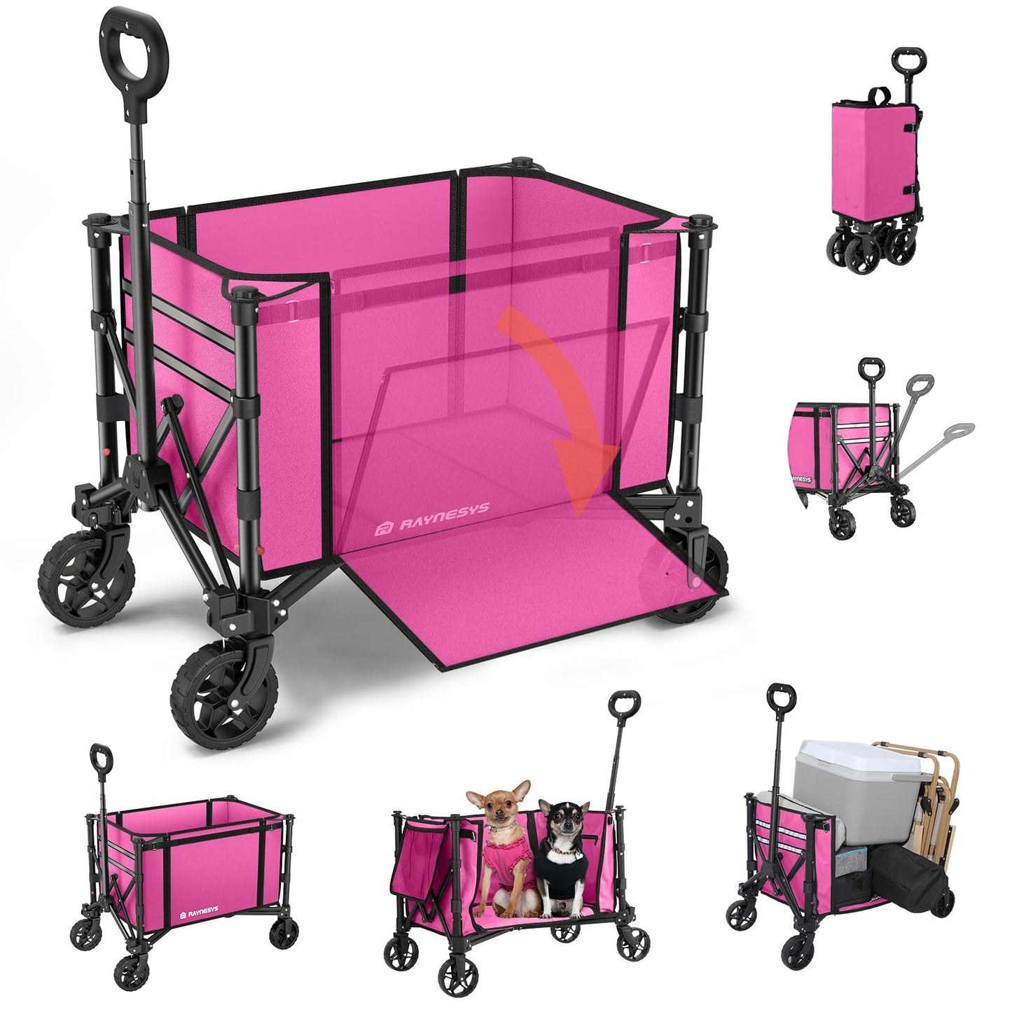 3 in 1 Collapsible Wagon Converts to Bench, 220lbs Foldable Wagon Cart with Wheels, 120L Shopping Cart for Groceries Folding Utility Wagon for Beach, Garden, Camping, Sport (Pink)