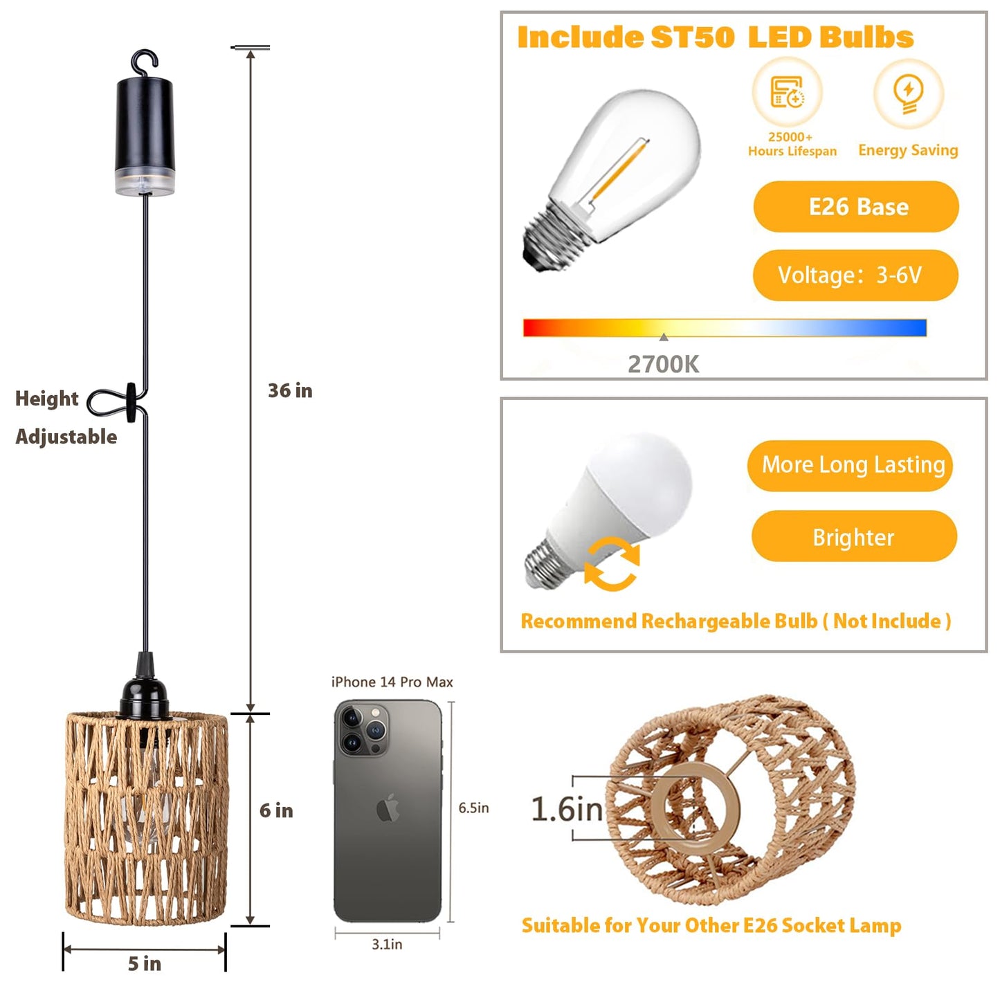 ALL FORTUNE Battery Operated Chandelier, Battery Hanging Pendant Light, Rattan Lights with Warm White Bulb, 4*AA Battery Powered, for Gazebo Pergola Porch Patio Outdoor Indoor Decor (3)