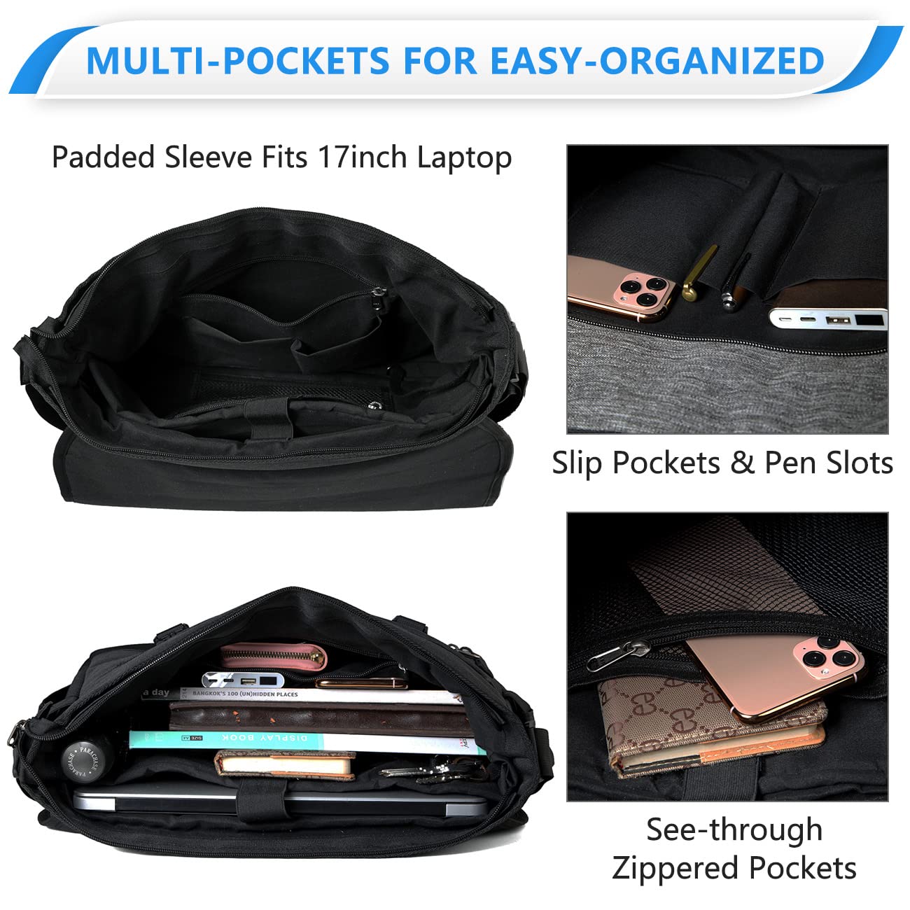 17inch Laptop Messenger Bag for Men,VASCHY Fashion Water Resistant Satchel Crossbody Shoulder Side Bag Briefcase for Men and Women for Work,School,Business Black