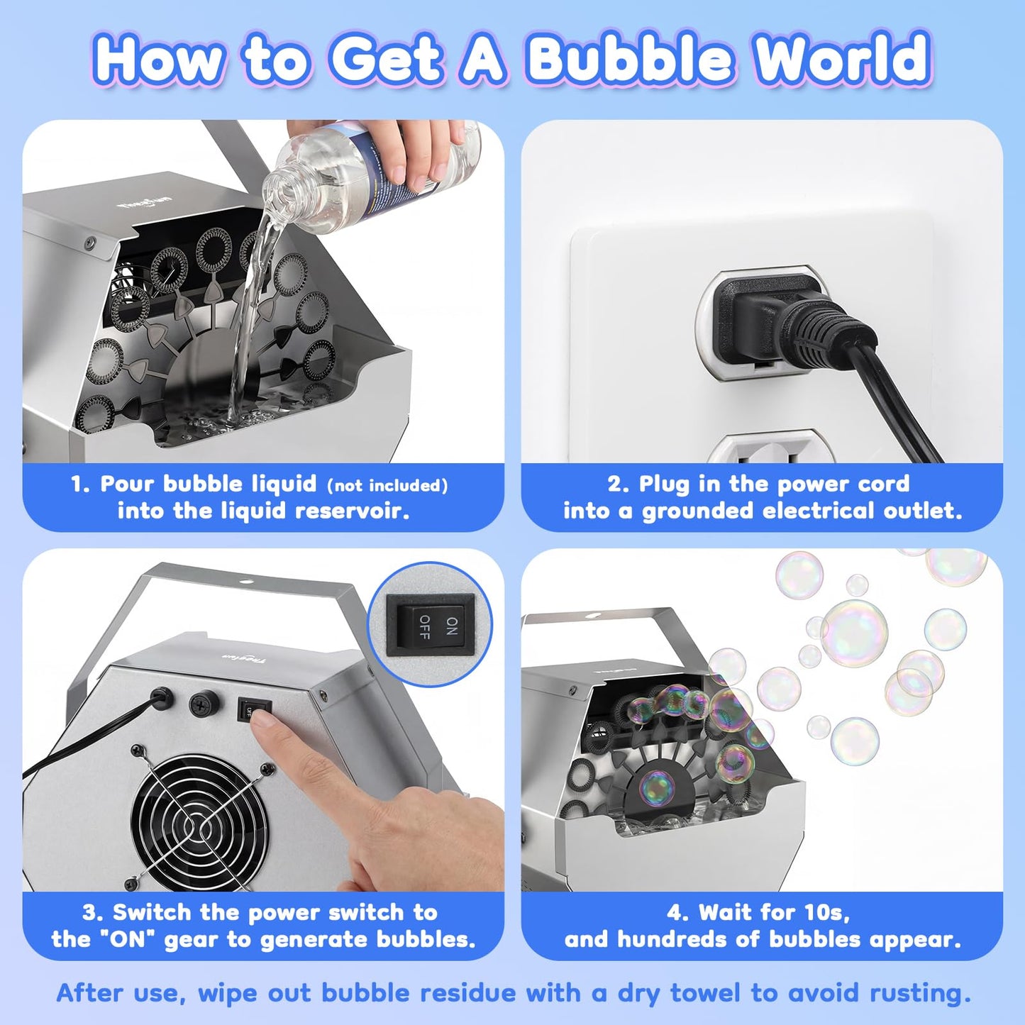 Theefun Bubble Machine: 750ML Metal Automatic Bubble Maker, Portable Professional Bubble Blower Operated by Plug-in Bubble Machine for Parties Weddings, Silver-Gray