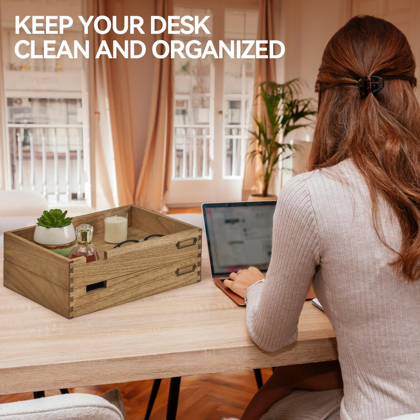Kirigen Wooden Stackable Office Letter Organizer Desk Tray Pack of 2 - Wood Two Tier Tray for Desktop Organizeration with Metal Label Card Holder - Inbox Tray for Desk,Dark Brown,2TTP-DBR
