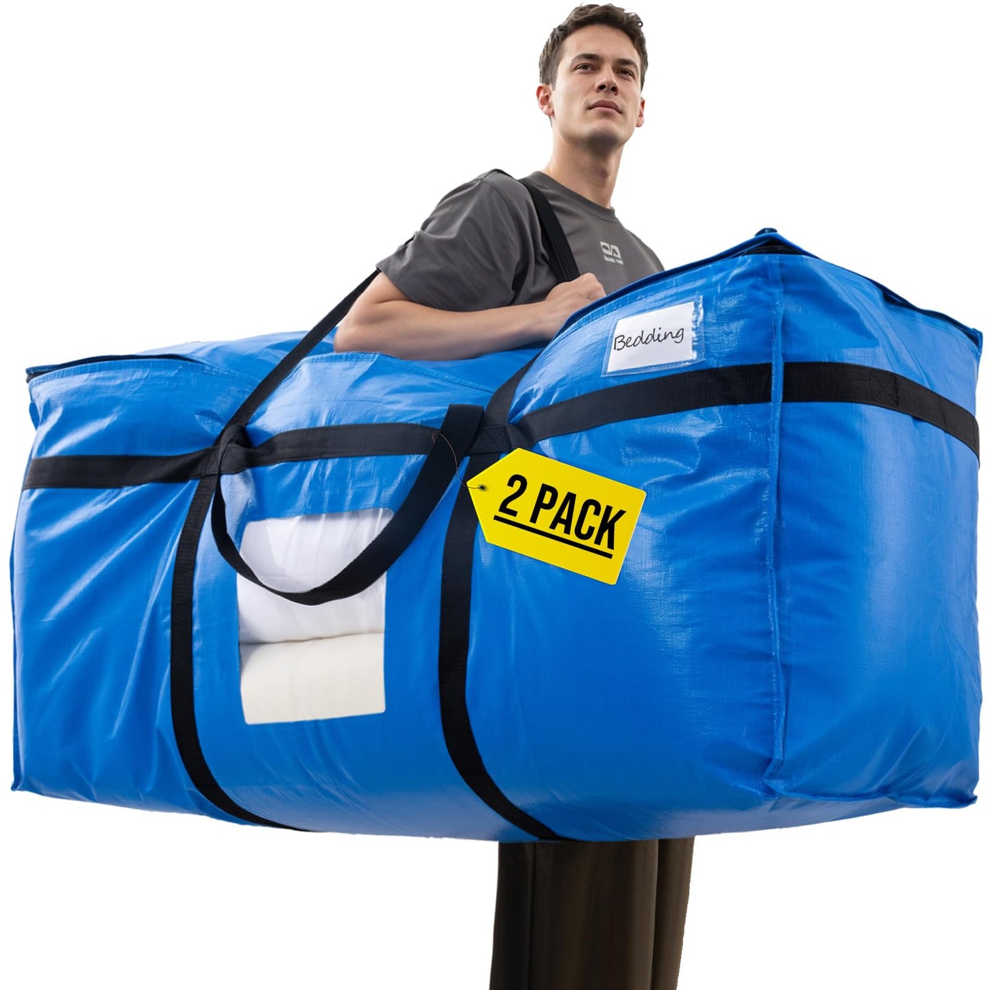 TAILI 69 Gallon Extra Large Storage Bags, XXL Blue Heavy Duty Moving Bags for Storage with Visible Window, Wrap Around Handles, Totes for Space Saving, Alternative to Moving Boxes (2 Pack)