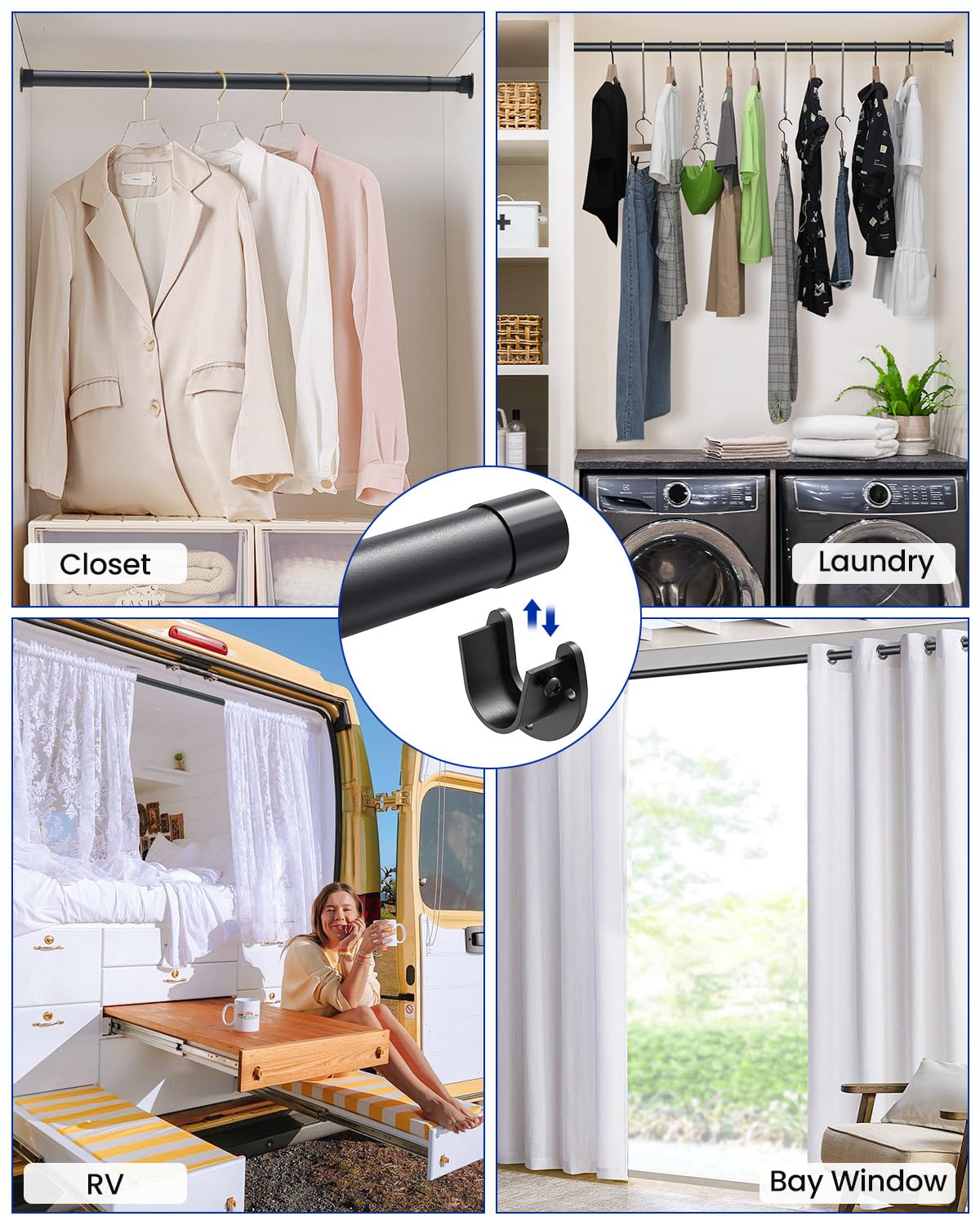 Closet Rods for Hanging Clothes, 17-84 inches Stepless Adjustable Metal Closet Rod, 1.3 Inches Heavy Duty Clothes Hanging Rod for Closet Wardrobes Laundry RV, Black