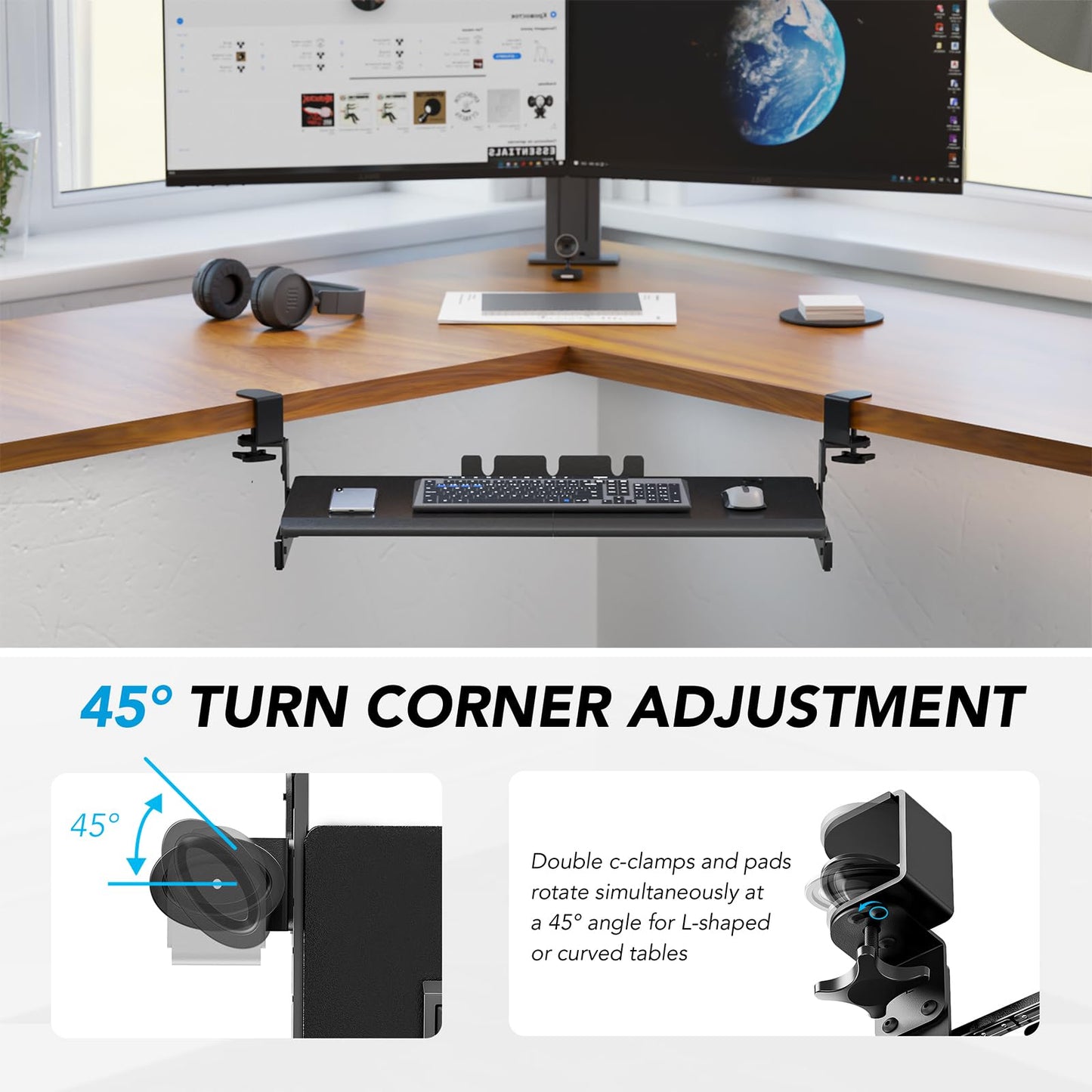 AX WABER Keyboard Tray Under Desk Pull Out with Extra Sturdy Adjustable C Clamp Mount System, 27.3 (32.5 inch Including Clamps) x 11 Inch Slide-Out Platform Computer Drawer for Typing