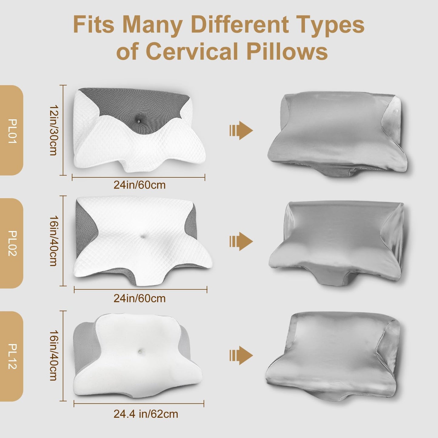 Satin Pillow Cases for HOMCA Cervical Pillow - Contoured Ergonomic Satin Pillowcase with Zipper, Dark Grey Soft & Smooth Fabric for Hair & Skin Care