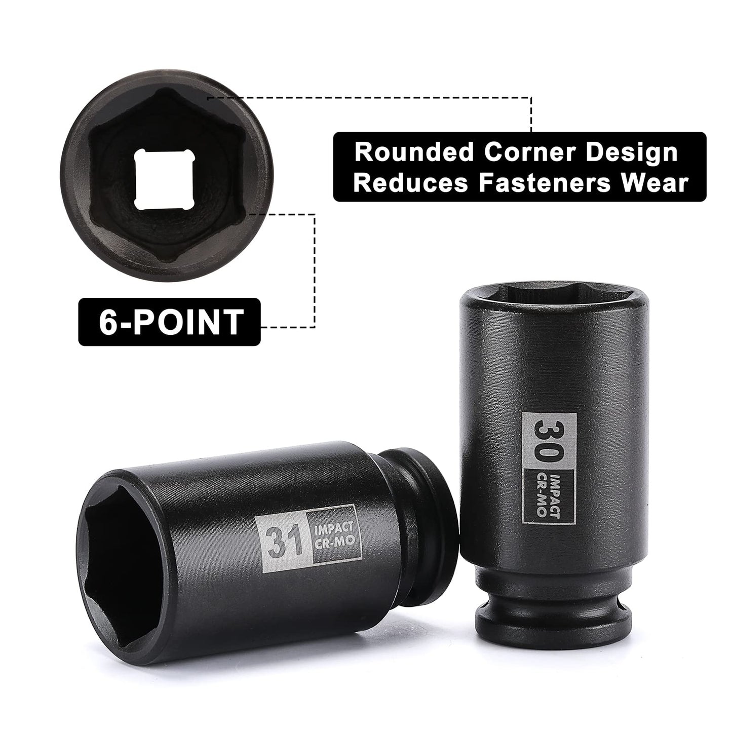 Mayouko 9PCS 1/2 Inch Drive Deep Metric Impact Socket Set, 29mm - 38mm, Spindle Axle Nut Sockets, Metric, Deep, 6-Point, CR-MO