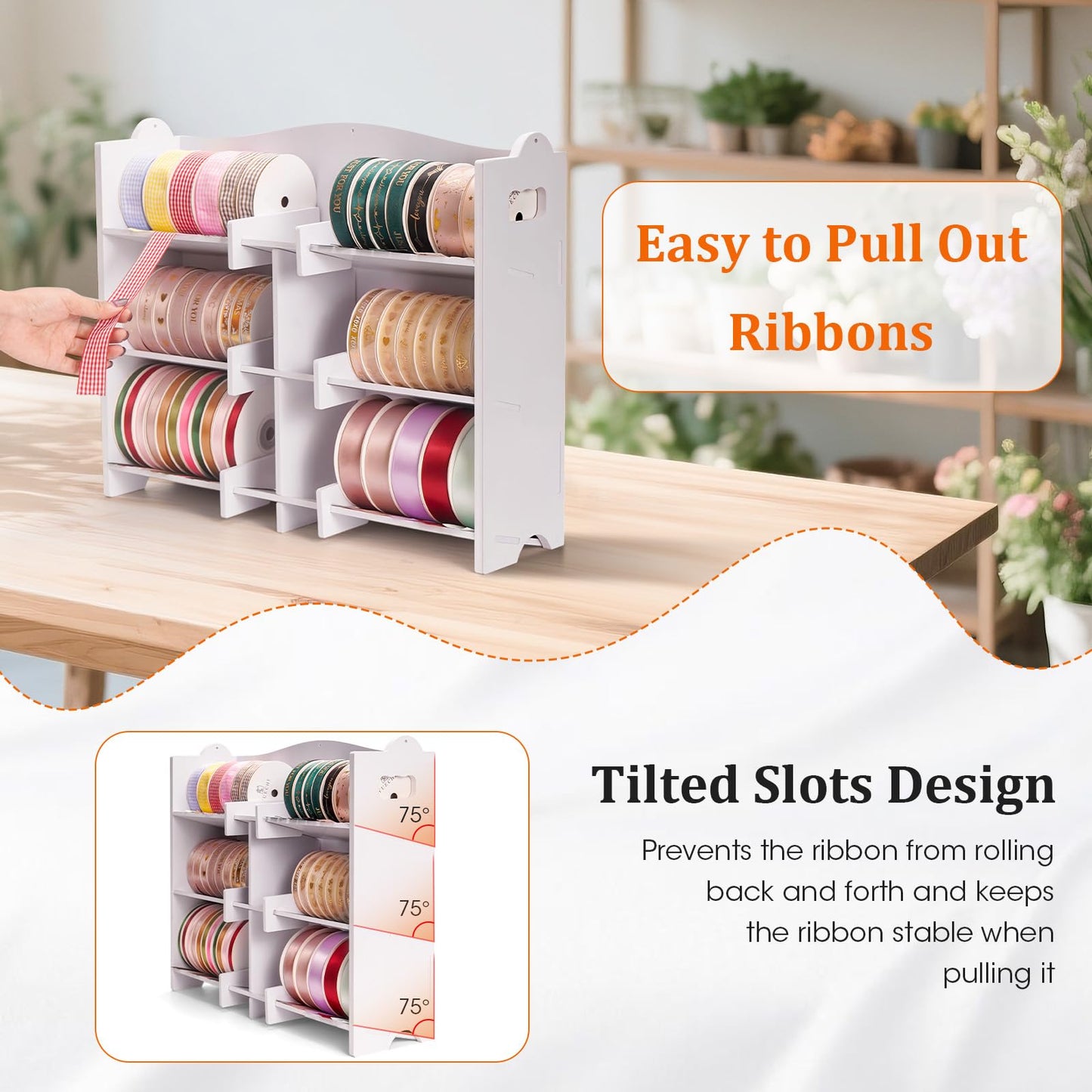 Krafetto Stackable Small Roll Ribbon Storage Organizer Rack, Wall-Mountable Ribbon Holder Rack for Craft Room, Desktop Ribbon Spool Holder for Ribbons up to 4" in Diameter