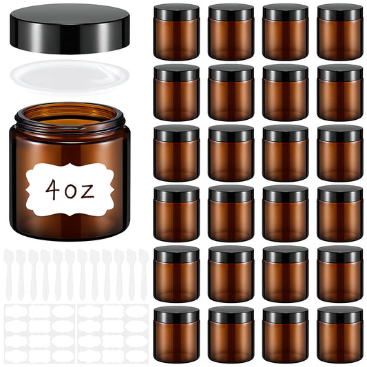 24 Pack 4 oz Glass Jars with Lids, Amber Cosmetic Jars Empty Cosmetic Containers with Inner Liners Round Glass Candle Jar for Lotions Powders Essential oil