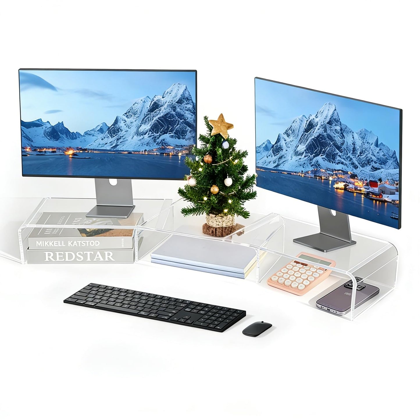 LEKETREE Acrylic Dual Monitor Stand Riser, 3 Shelf Monitor Stand, Adjustable Length and Angle with Anti-Slip Mat for Laptop, Computer, Printer, Projector, CD Player, Coffee Machine