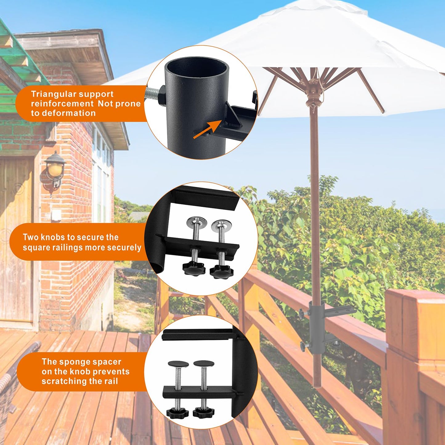 Wdwlbsm Patio Umbrella Clamp, Umbrella Clamp Stand Holder, Heavy Duty Metal Outdoor Umbrella Clamp Bracket Mount to Deck, Railing, Bleachers, Fence, Benches, Outdoor Courtyard (Black)