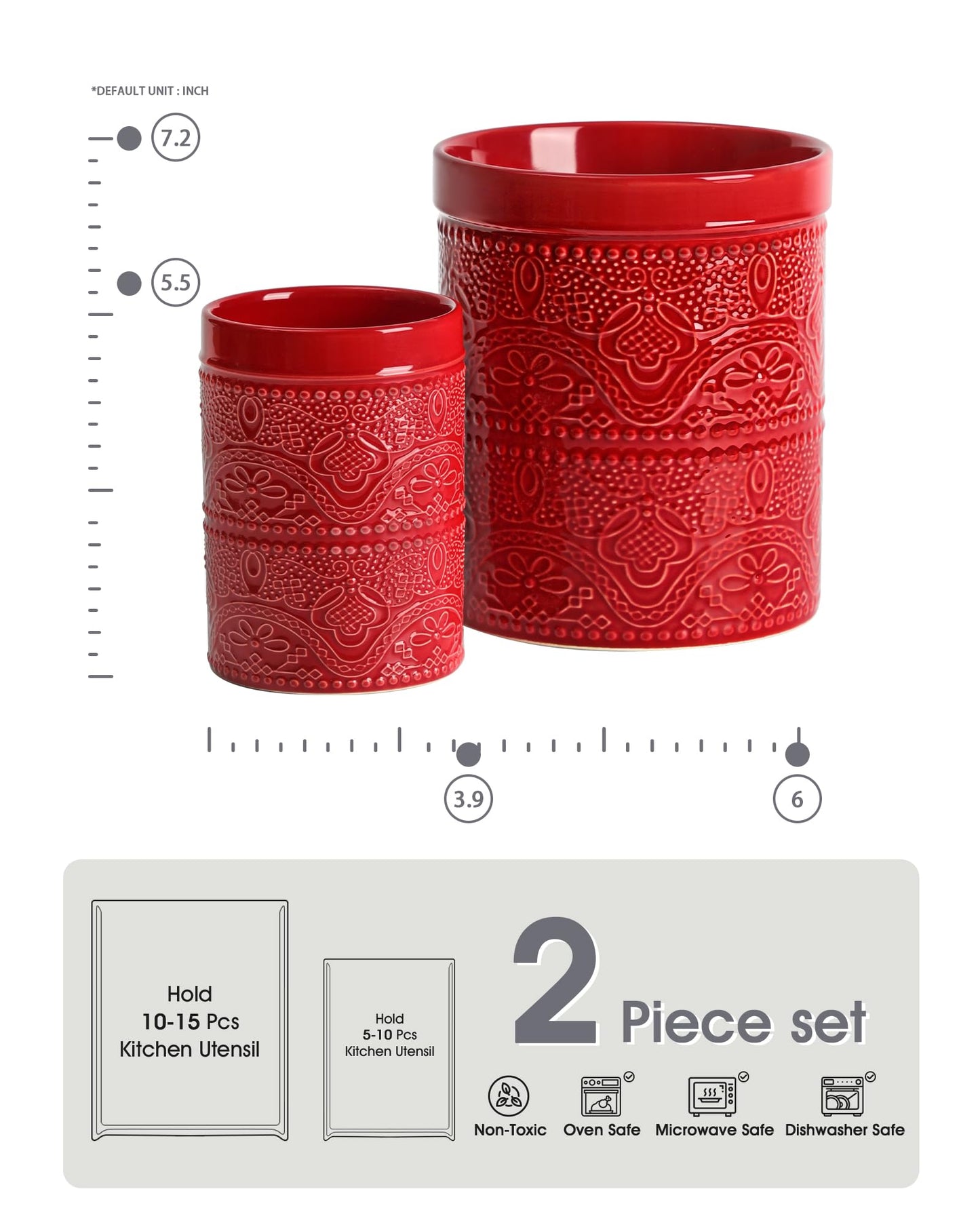 FUN ELEMENTS Kitchen Utensil Holder, 7.2+5.5" Super Large Utensil Crock Heavy and Stable Lace Emboss Ceramic Utensil Holder for Kitchen Counter (2Pcs Christmas Red)