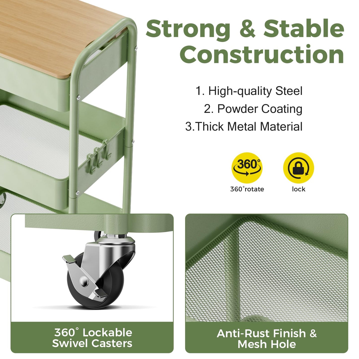 3 Tier Rolling Cart with Table top, Metal Rolling Utility Cart, Storage Organizer Cart with Locking Wheels & Hooks for Office, Classroom, Kitchen and Bathroom, Green