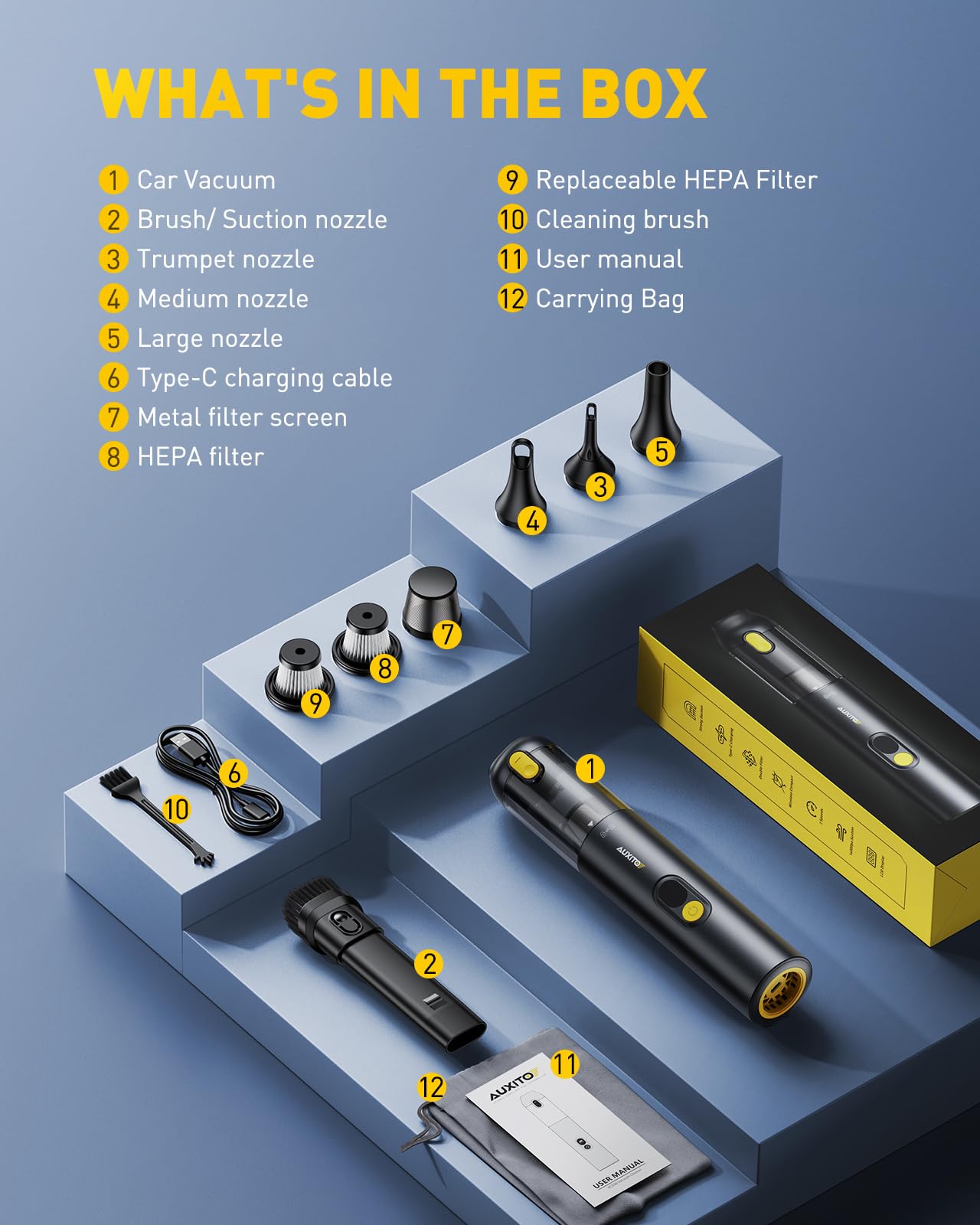 AUXITO Car Vacuum Cleaner, 14000Pa Powerful Suction Handheld Vacuum Cordless, 4 in 1 Mini Portable Car Vacuum Cordless, Small Vacuum Dust Buster for Car, Home, Pet, Office