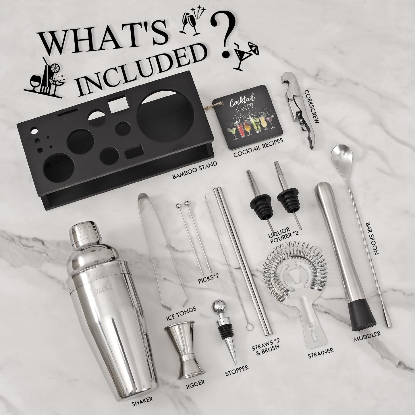 Bartender Kit with Stand Cocktail Shaker Set | 17 Piece Bar Tool Set, Bar Kit Cocktail Set for Drink Mixing - Includes Martini Shaker, Strainer, Jigger, Bar Mixer Spoon, Muddler, Tongs | Gift Idea