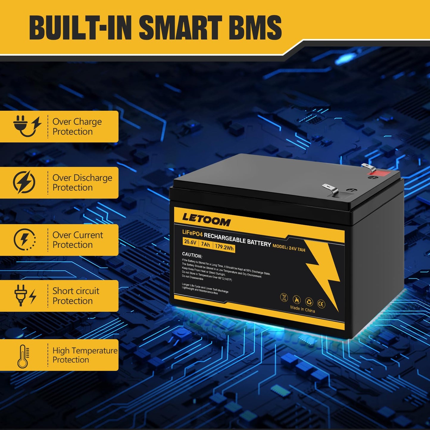 24V 7Ah LiFePO4 Rechargeable Battery LF8011, 25.6V 179.2Wh Deep Cycle Lithium Iron Phosphate Batteries