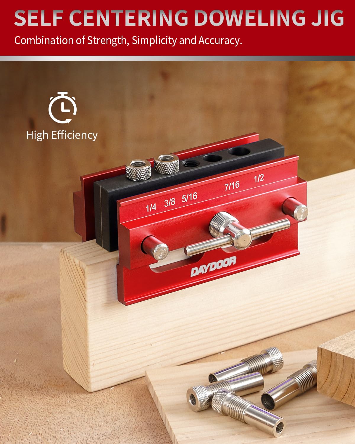 DAYDOOR 2.1" Self Centering Dowel Jig, Universal Capacity Doweling Jig & Drill Guide for Woodworking, Complete Kit with 6 Steel Bushings for Straight Holes(Red)