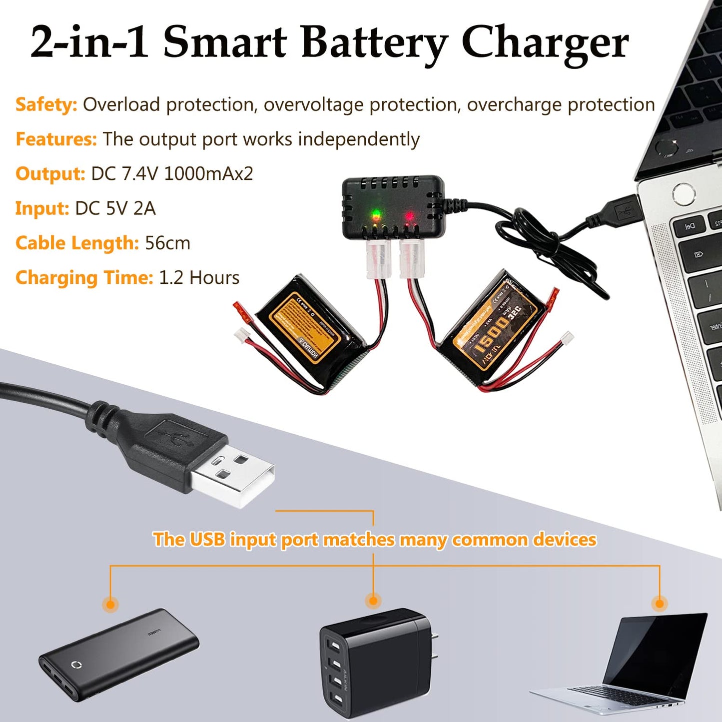 VICMILE 7.4V 1200mAh Lipo Battery 2S 35C SCX24 Lipo Batteries with PH2.0&JST Plug Rechargeable Lithium Battery with 2 in 1 USB Charger Fit for Most 1/10 1/16 1/18 1/24 RC Cars